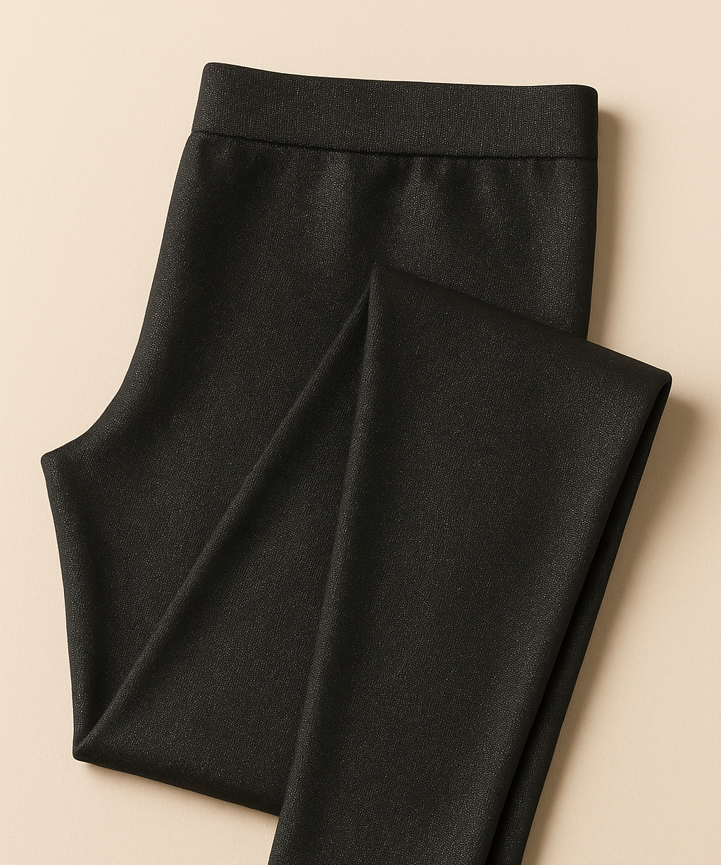 Folded black pants on a beige background