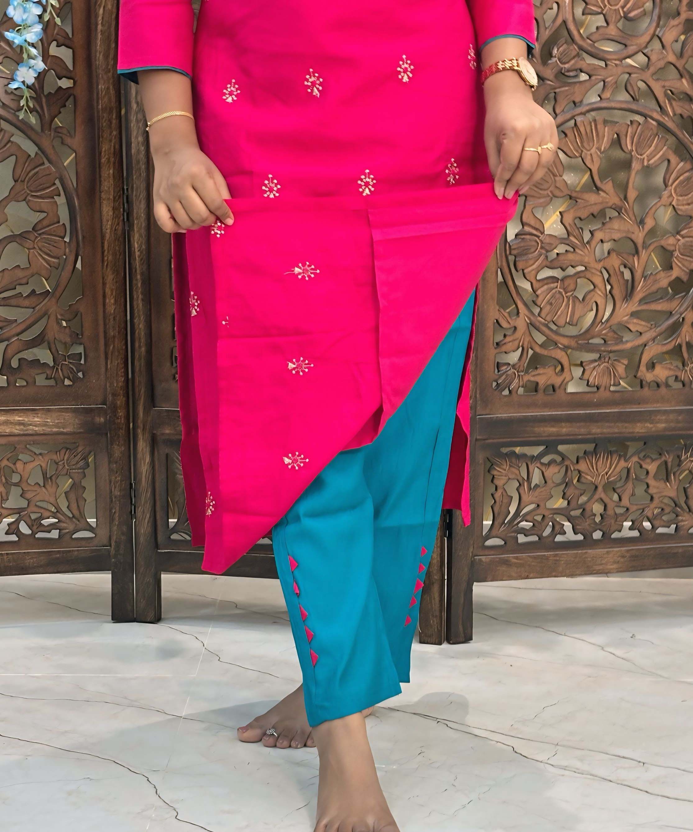 Dark Pink and Green Color Premium 3 Piece Salwar Set with Printed Banarasi Dupatta / ESS361