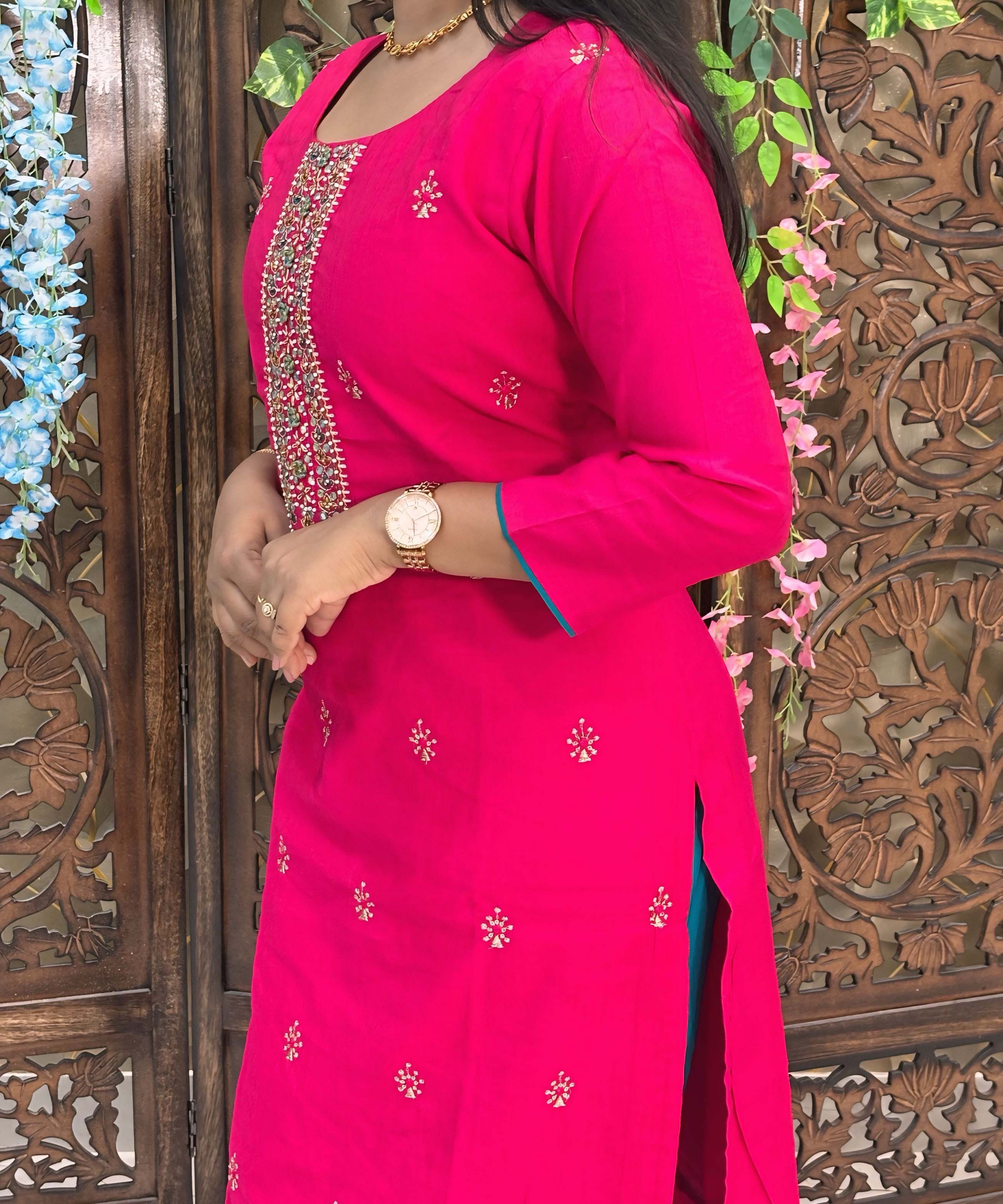 Dark Pink and Green Color Premium 3 Piece Salwar Set with Printed Banarasi Dupatta / ESS361
