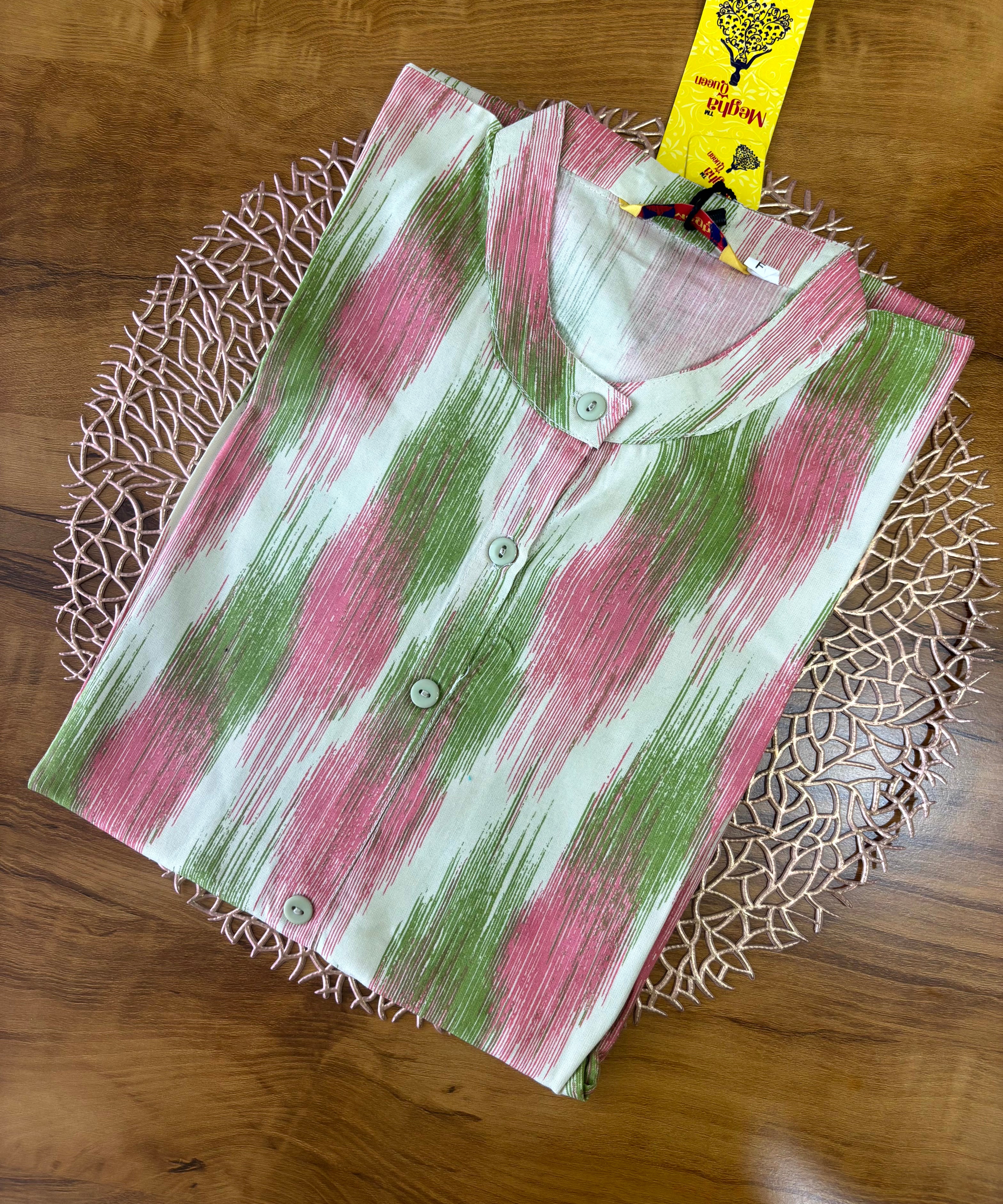 Pink and Green Color Elbow Sleeve Rayon Straight Cut Chinese Collar Kurti with Pocket / ESS276