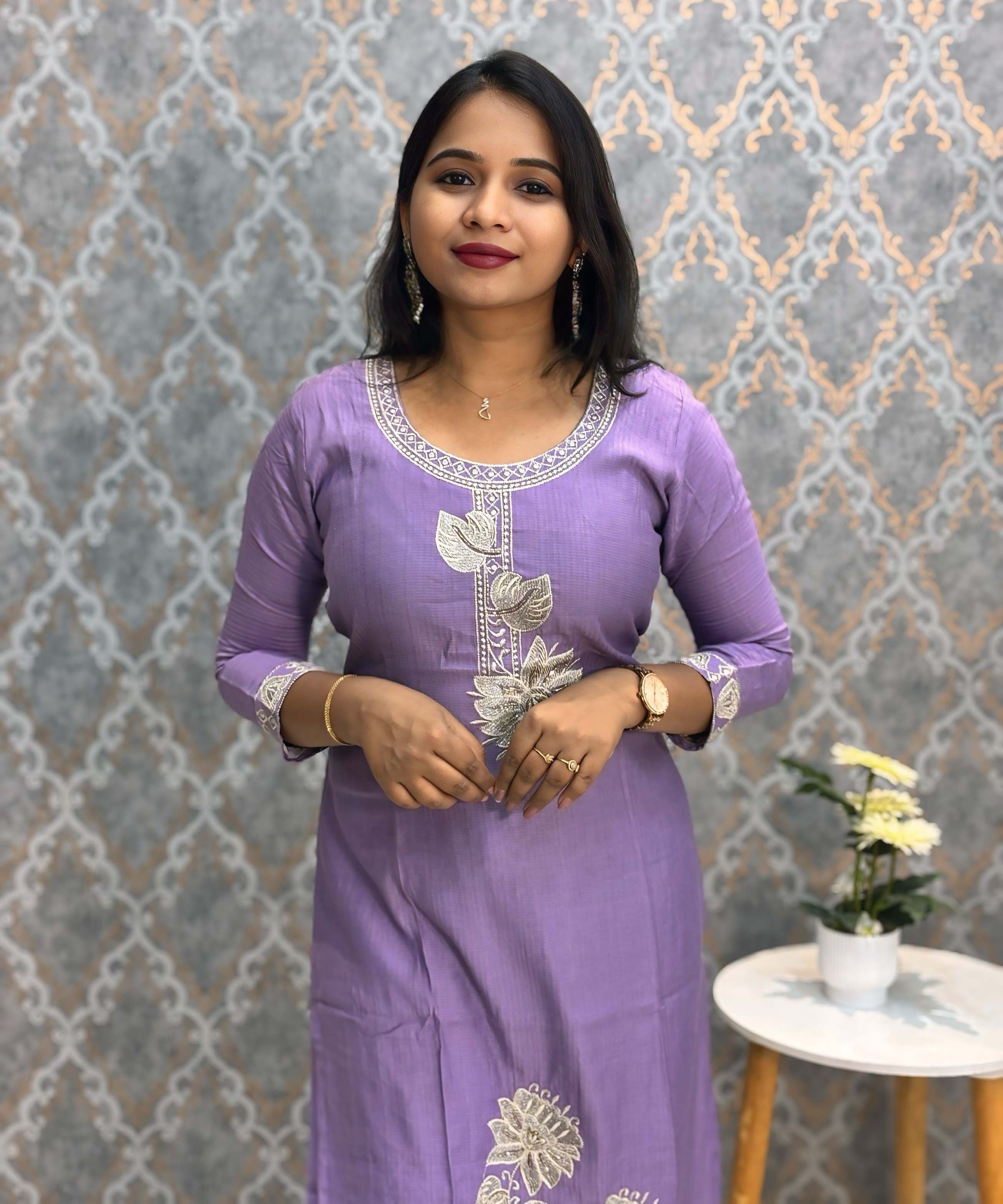 Violet Embroidered Silk Blend Salwar Set with Organza Dupatta 3 Piece Salwar Set / ESS344