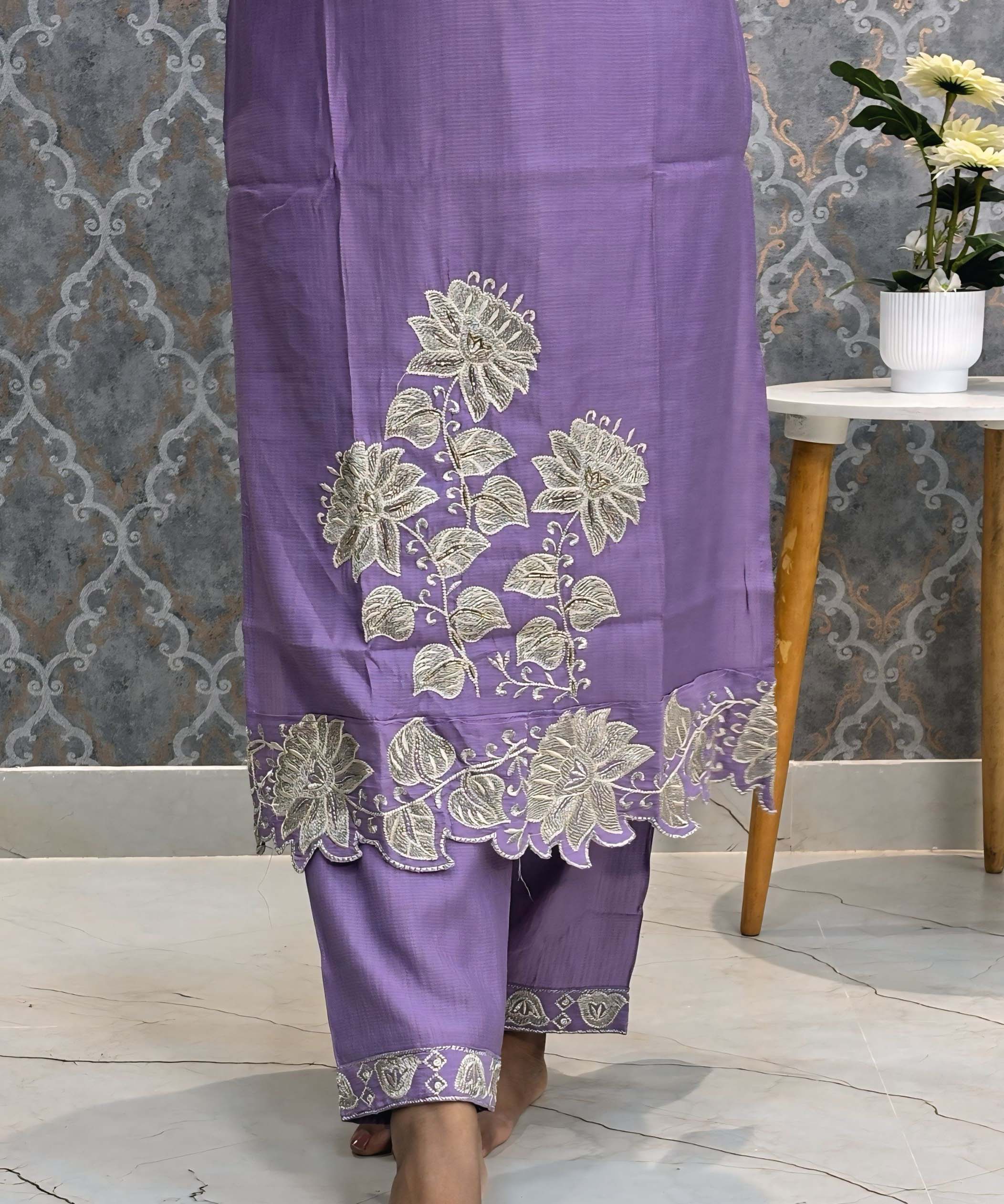 Violet Embroidered Silk Blend Salwar Set with Organza Dupatta 3 Piece Salwar Set / ESS344