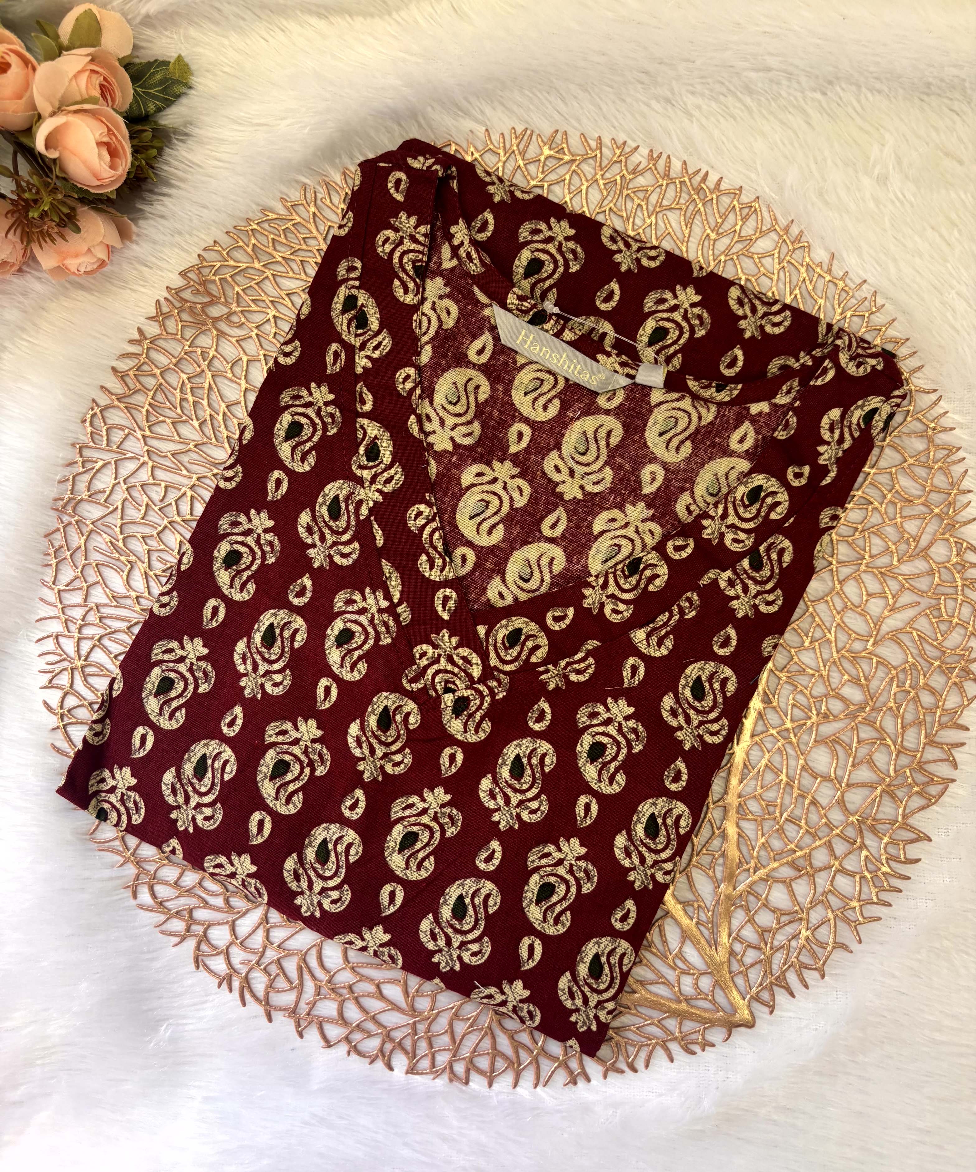 Maroon and Beige Color Floral Flex Cotton Kurti with Pocket / LSS180