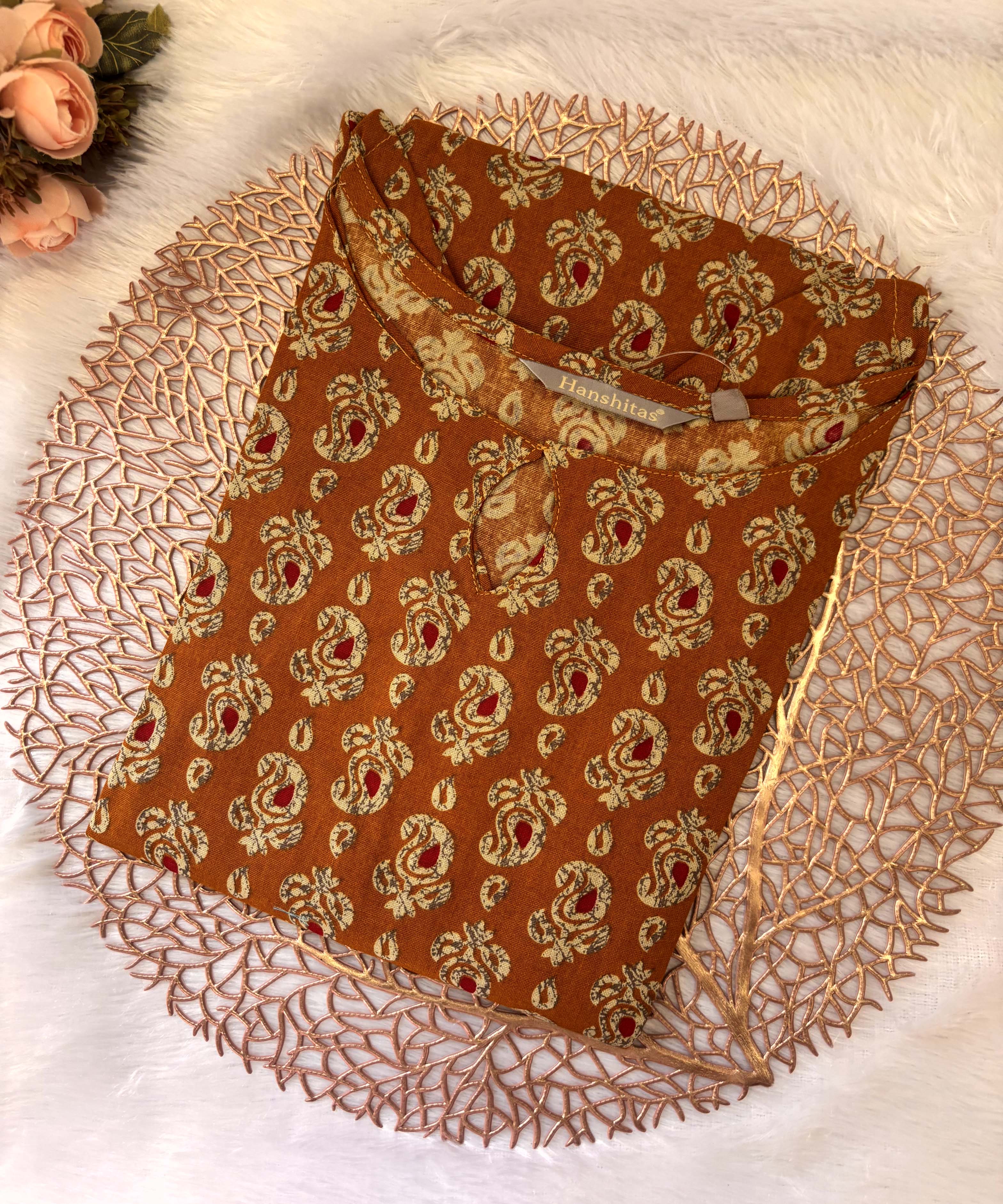 Mustard Yellow and Beige Color Floral Flex Cotton Kurti with Pocket / LSS180
