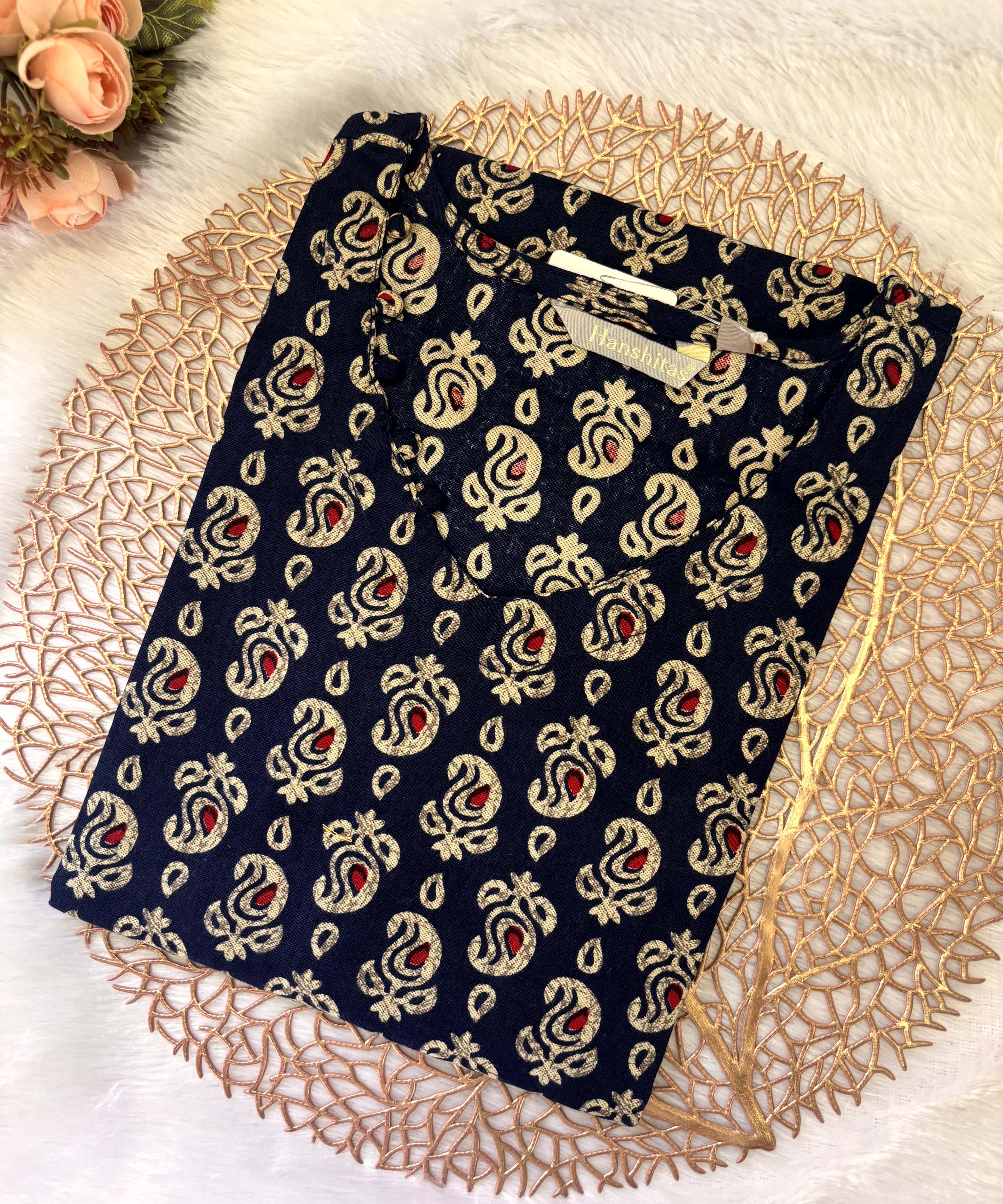 Navy Blue and Beige Color Floral Flex Cotton Kurti with Pocket / LSS180