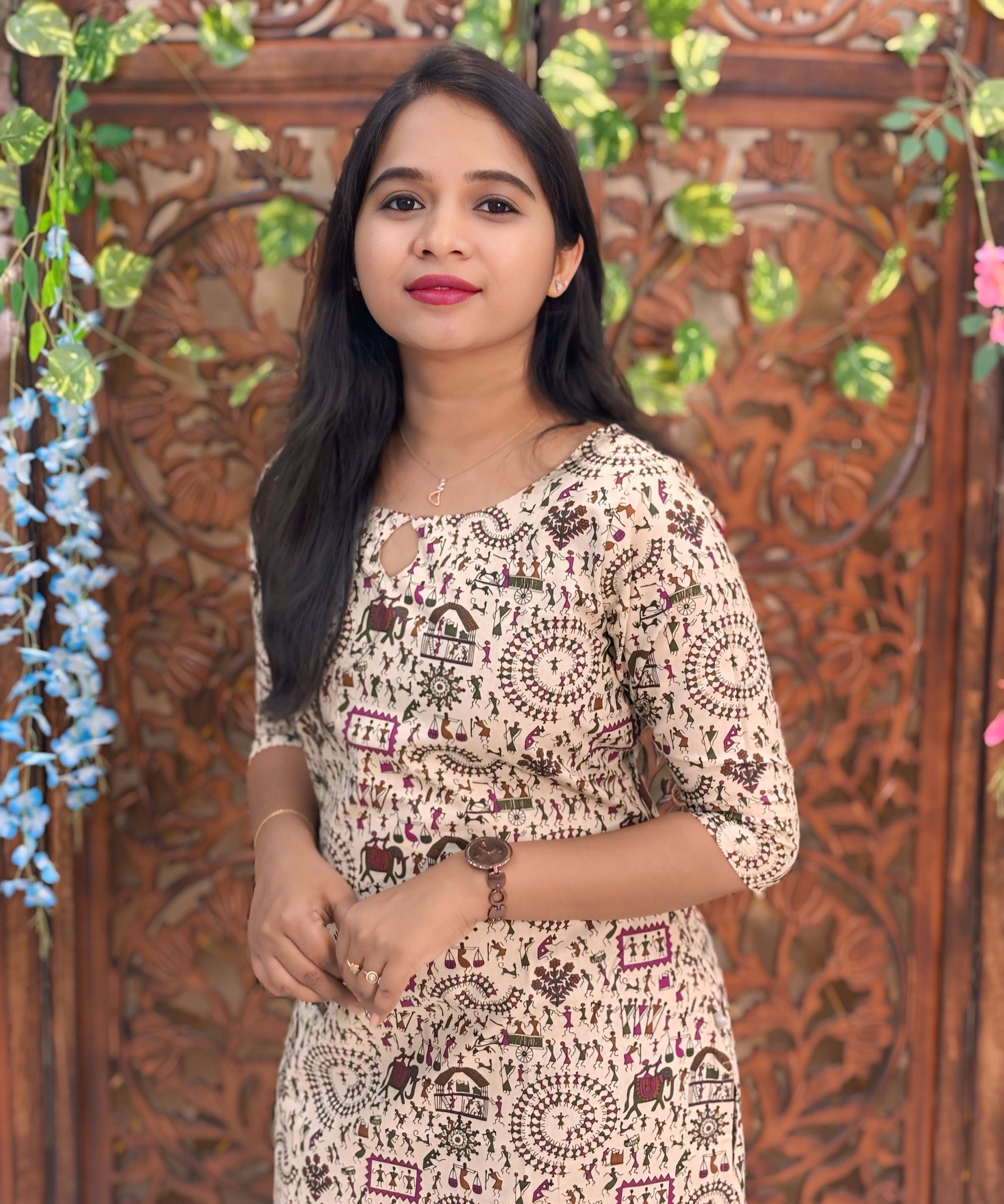 Boat Neck Design Warli Printed Flex Cotton Kurti with Pocket / LSS192
