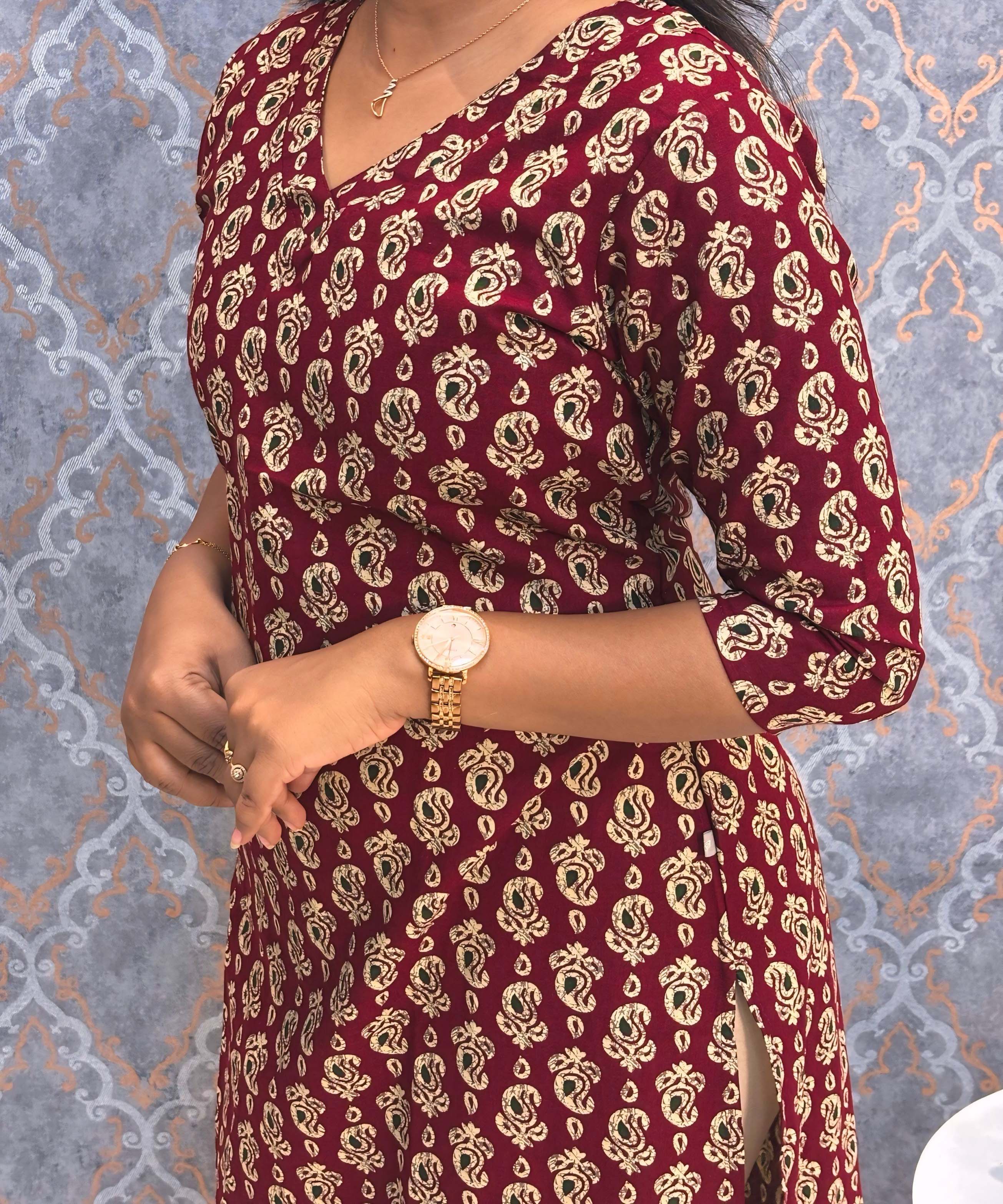 Maroon and Beige Color Floral Flex Cotton Kurti with Pocket / LSS180