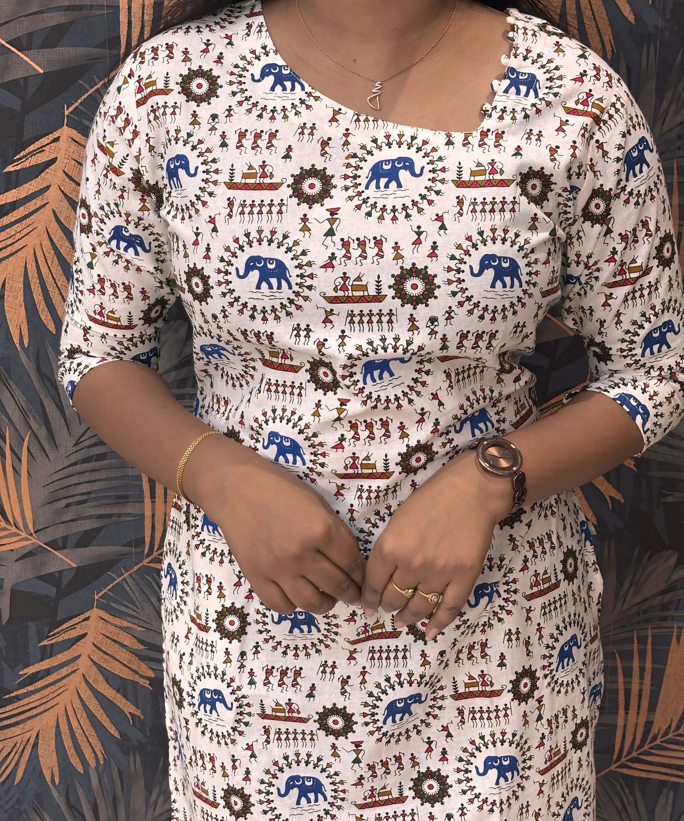 Warli Printed Blue Color Elephant Design Flex Cotton Kurti with Pocket / LSS191