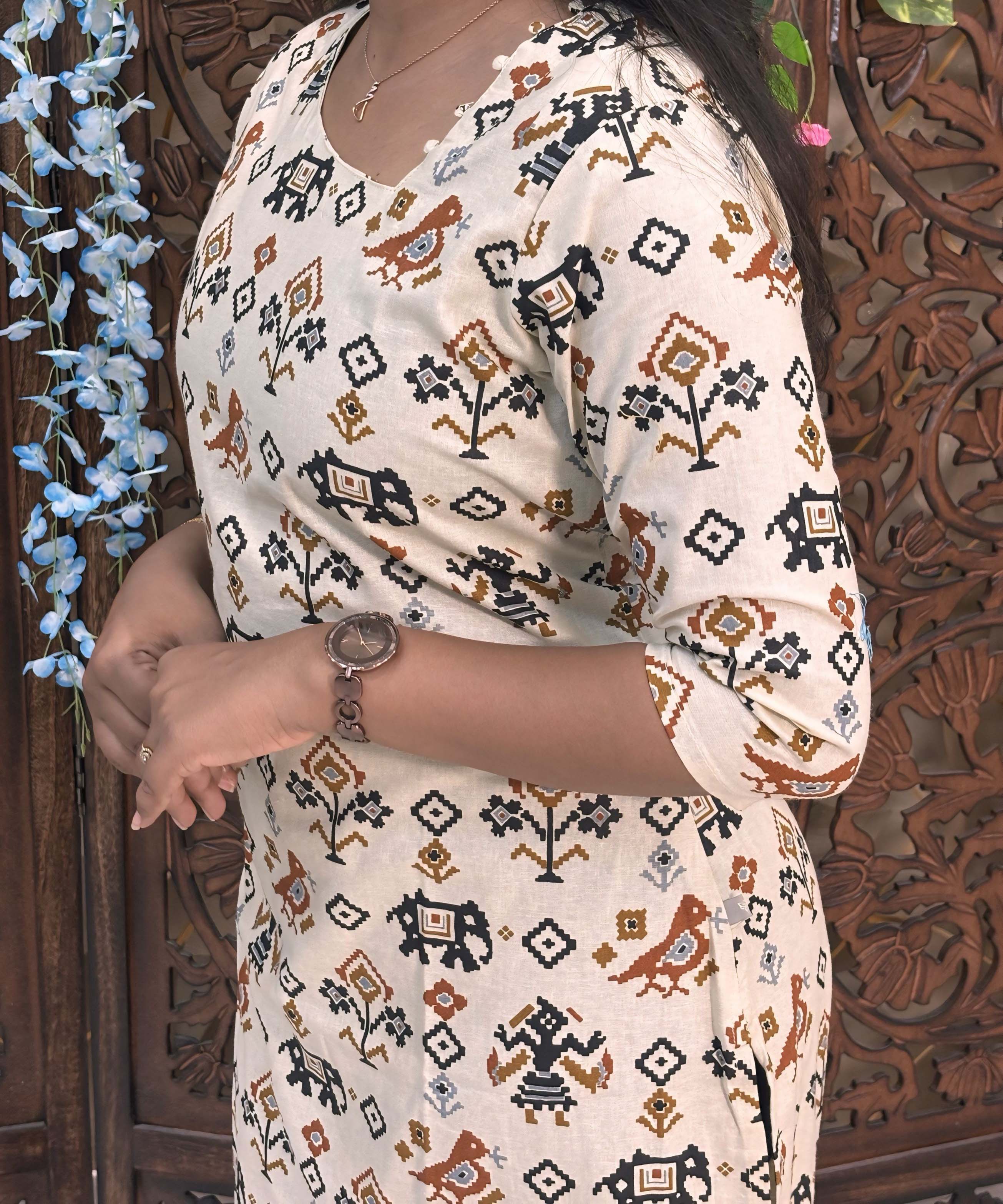 Side Cut with Potli Neck Design Tribal Ikat Printed Flex Cotton Kurti with Pocket / LSS193