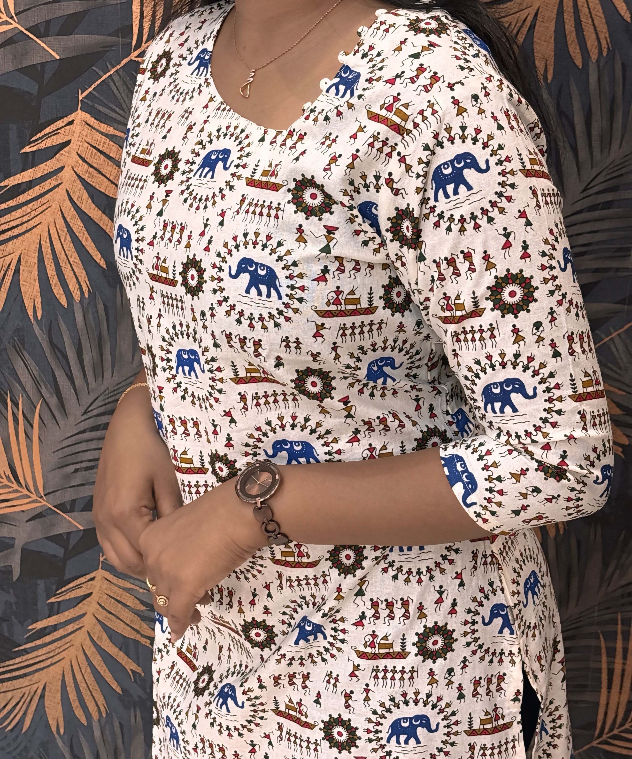 Warli Printed Blue Color Elephant Design Flex Cotton Kurti with Pocket / LSS191