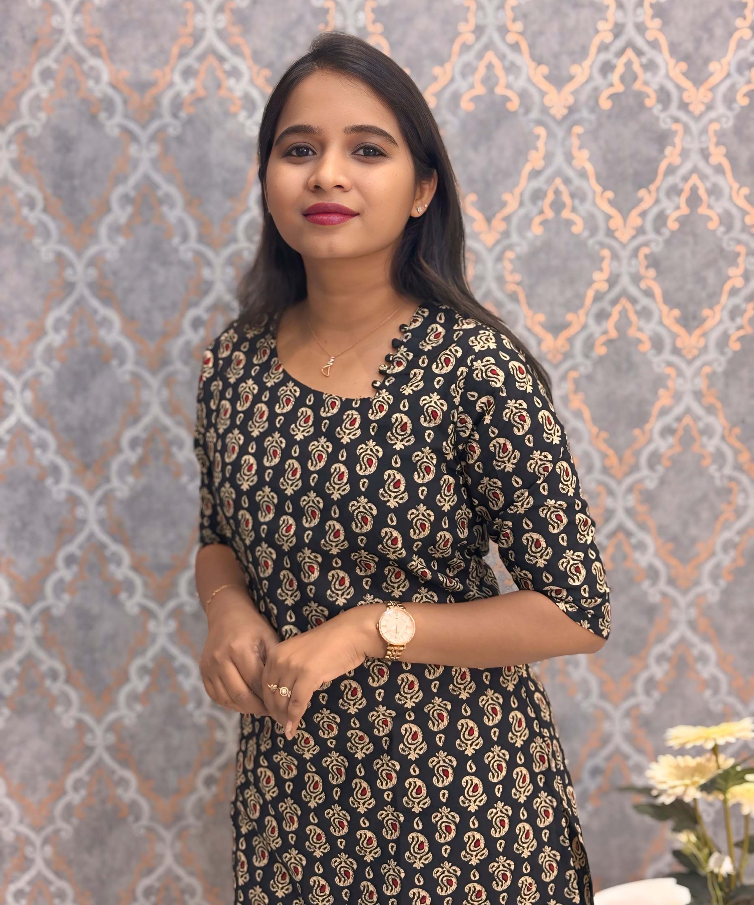Black and Beige Color Floral Flex Cotton Kurti with Pocket / LSS180