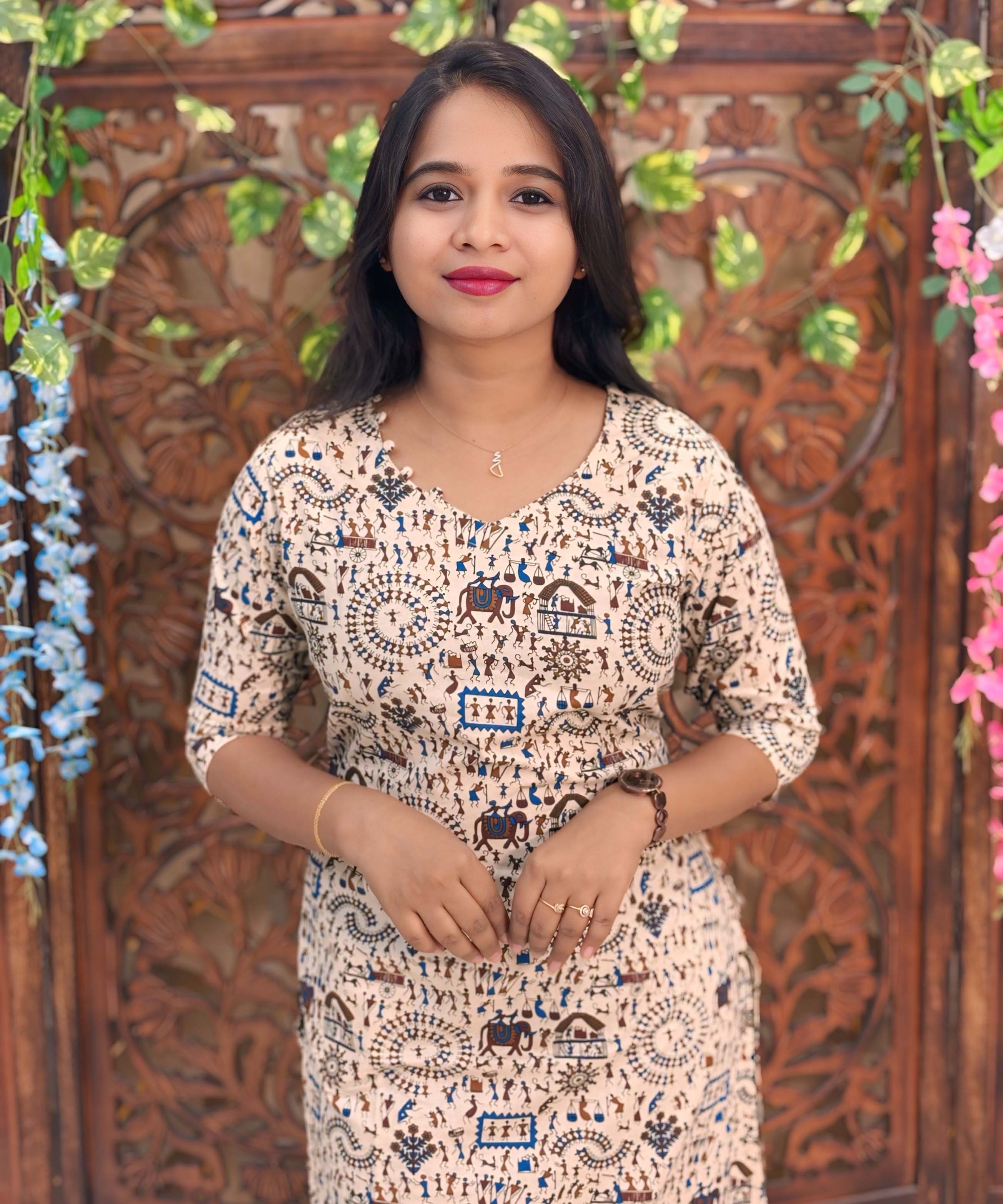 V Neck With Potli Design Warli Printed Flex Cotton Kurti with Pocket / LSS192