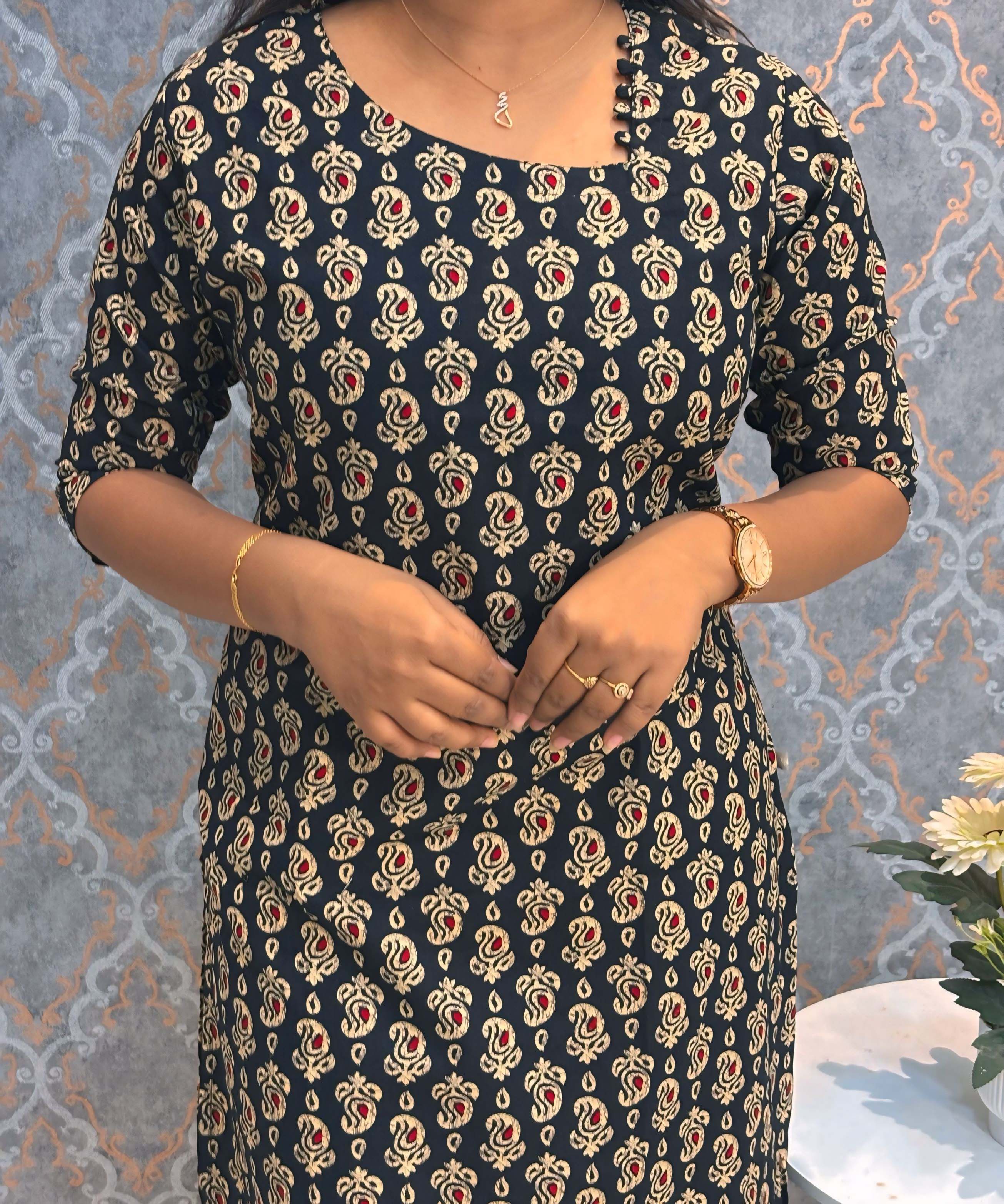 Black and Beige Color Floral Flex Cotton Kurti with Pocket / LSS180