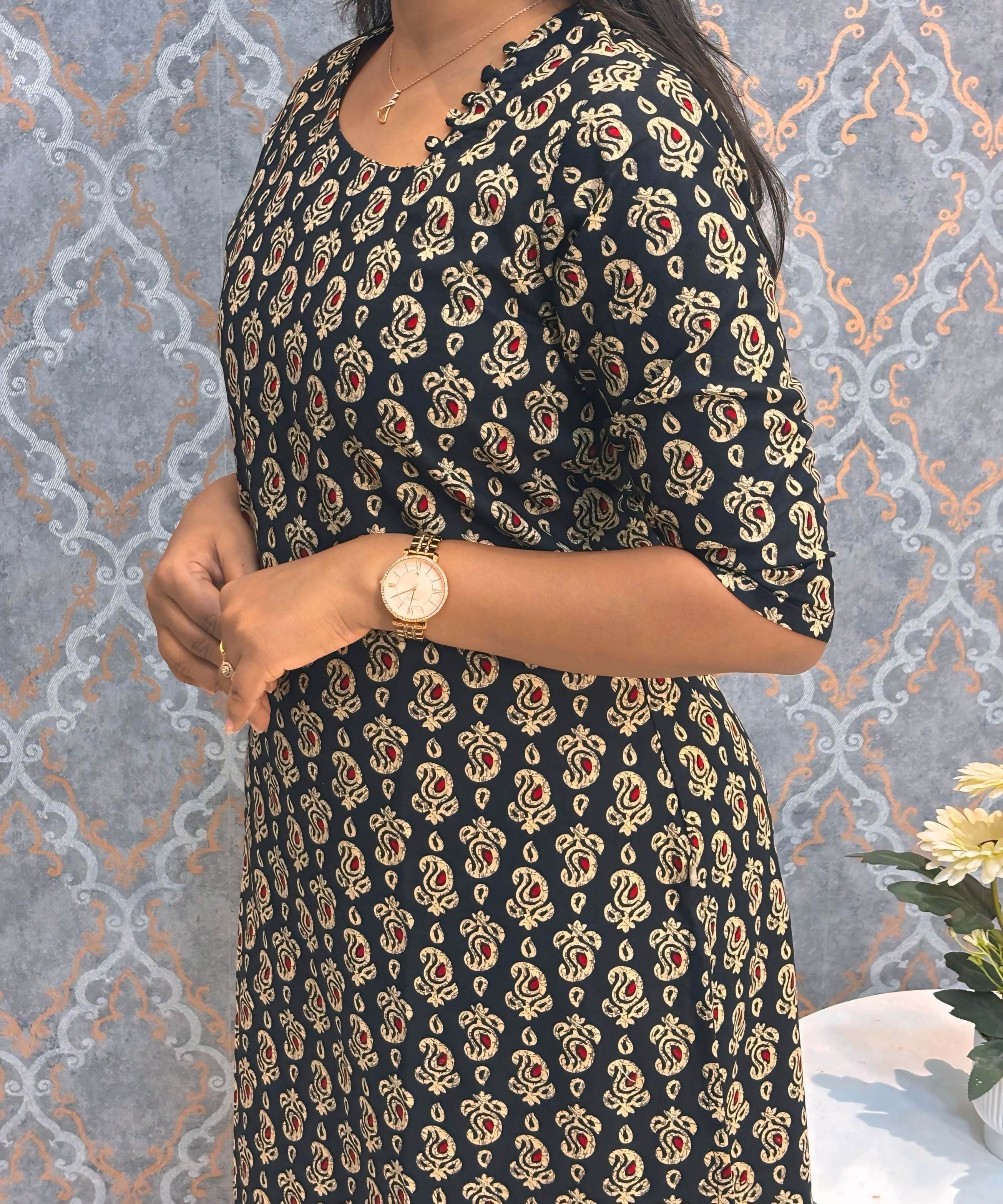 Black and Beige Color Floral Flex Cotton Kurti with Pocket / LSS180