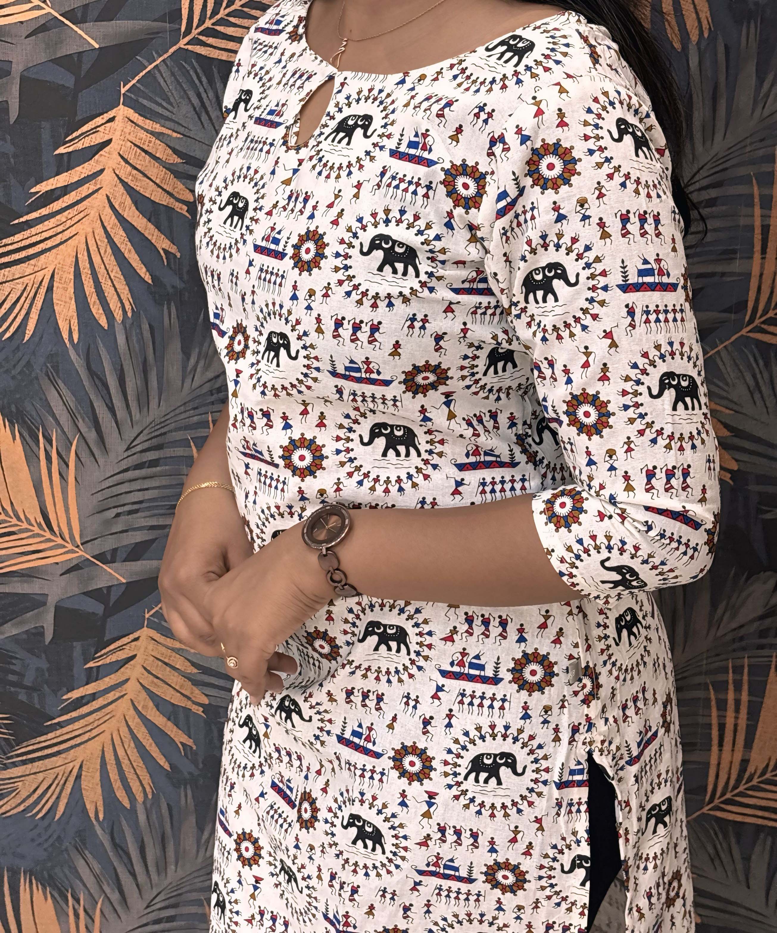 Warli Printed Black Color Elephant Design Flex Cotton Kurti with Pocket / LSS191