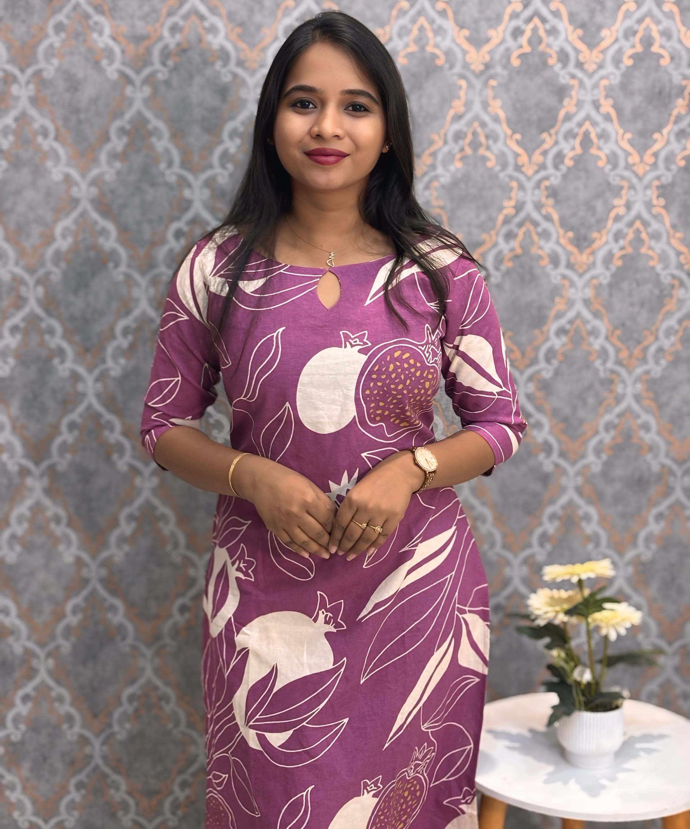 Purple and Half White Color Floral Flex Cotton Kurti with Pocket / LSS179