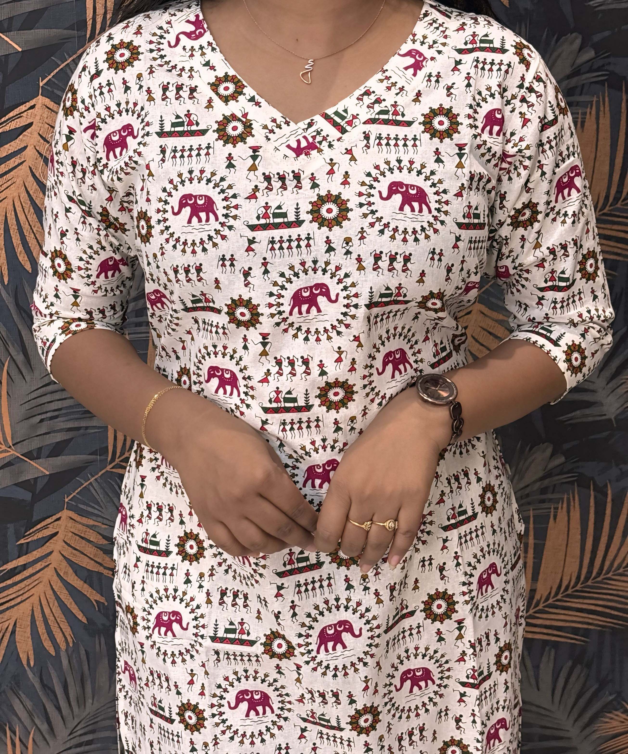 Warli Printed Pink Color Elephant Design Flex Cotton Kurti with Pocket / LSS191