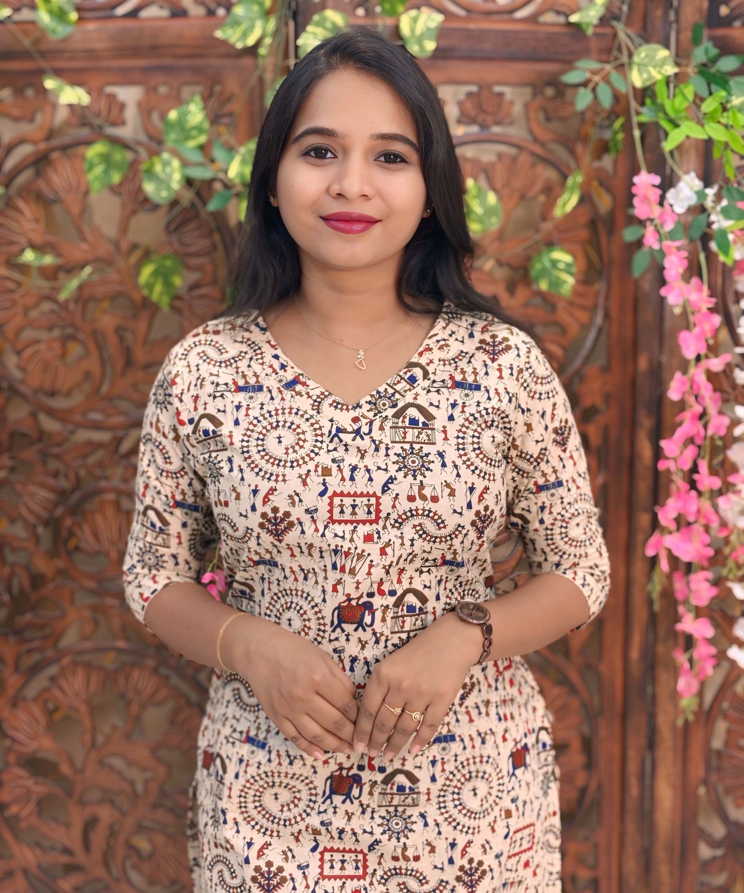 V Neck Design Warli Printed Flex Cotton Kurti with Pocket / LSS192