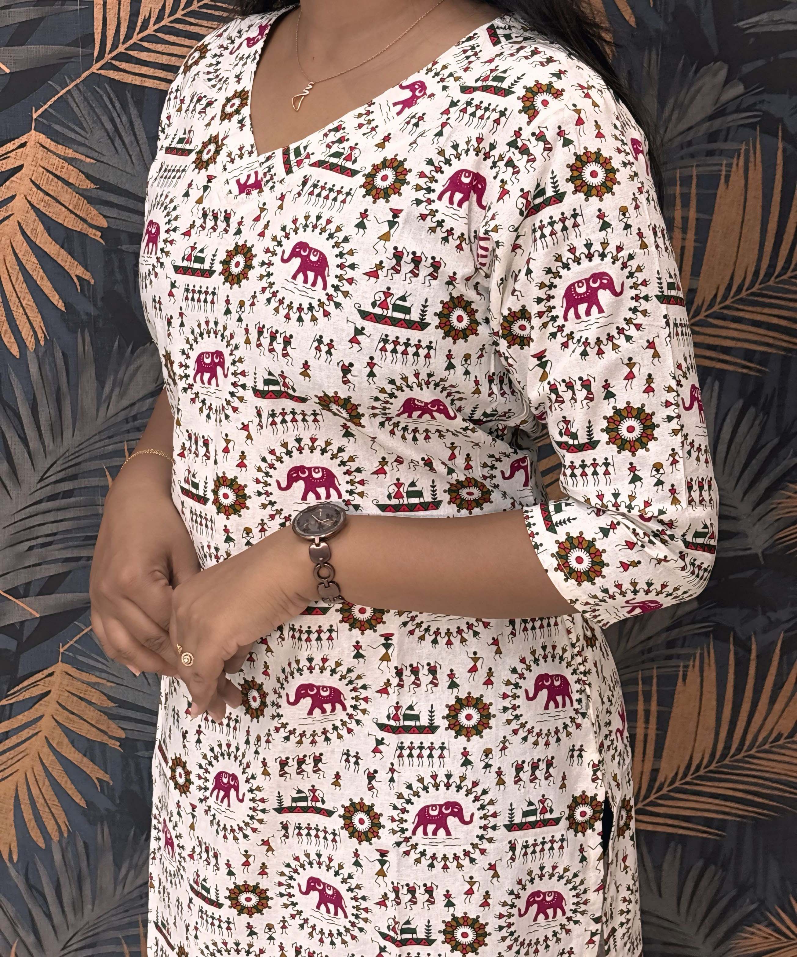 Warli Printed Pink Color Elephant Design Flex Cotton Kurti with Pocket / LSS191
