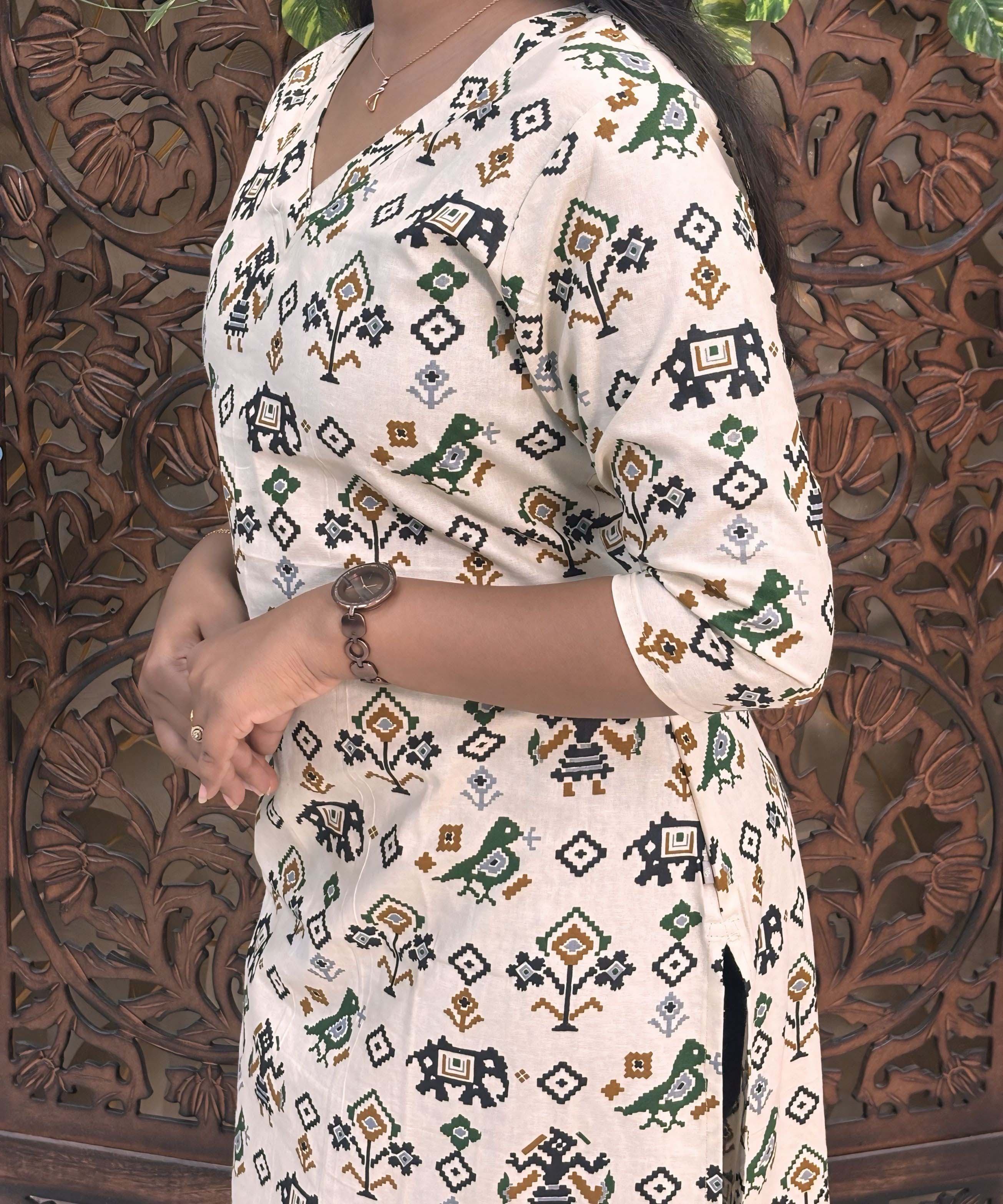 V Neck Design Tribal Ikat Printed Flex Cotton Kurti with Pocket / LSS193