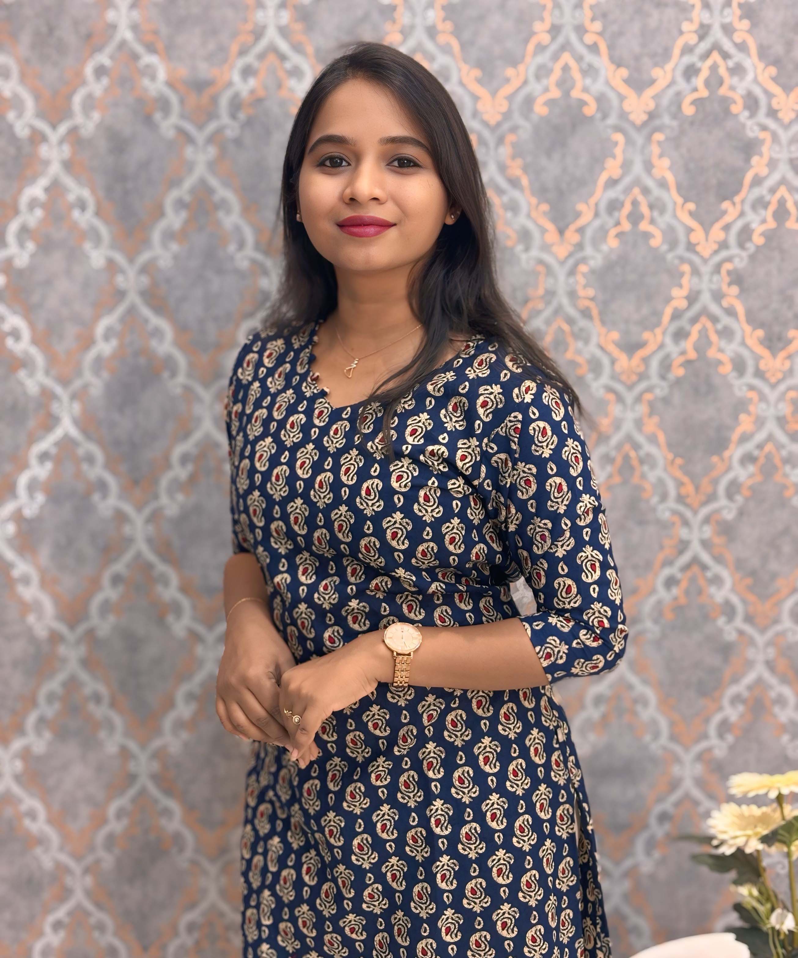 Navy Blue and Beige Color Floral Flex Cotton Kurti with Pocket / LSS180