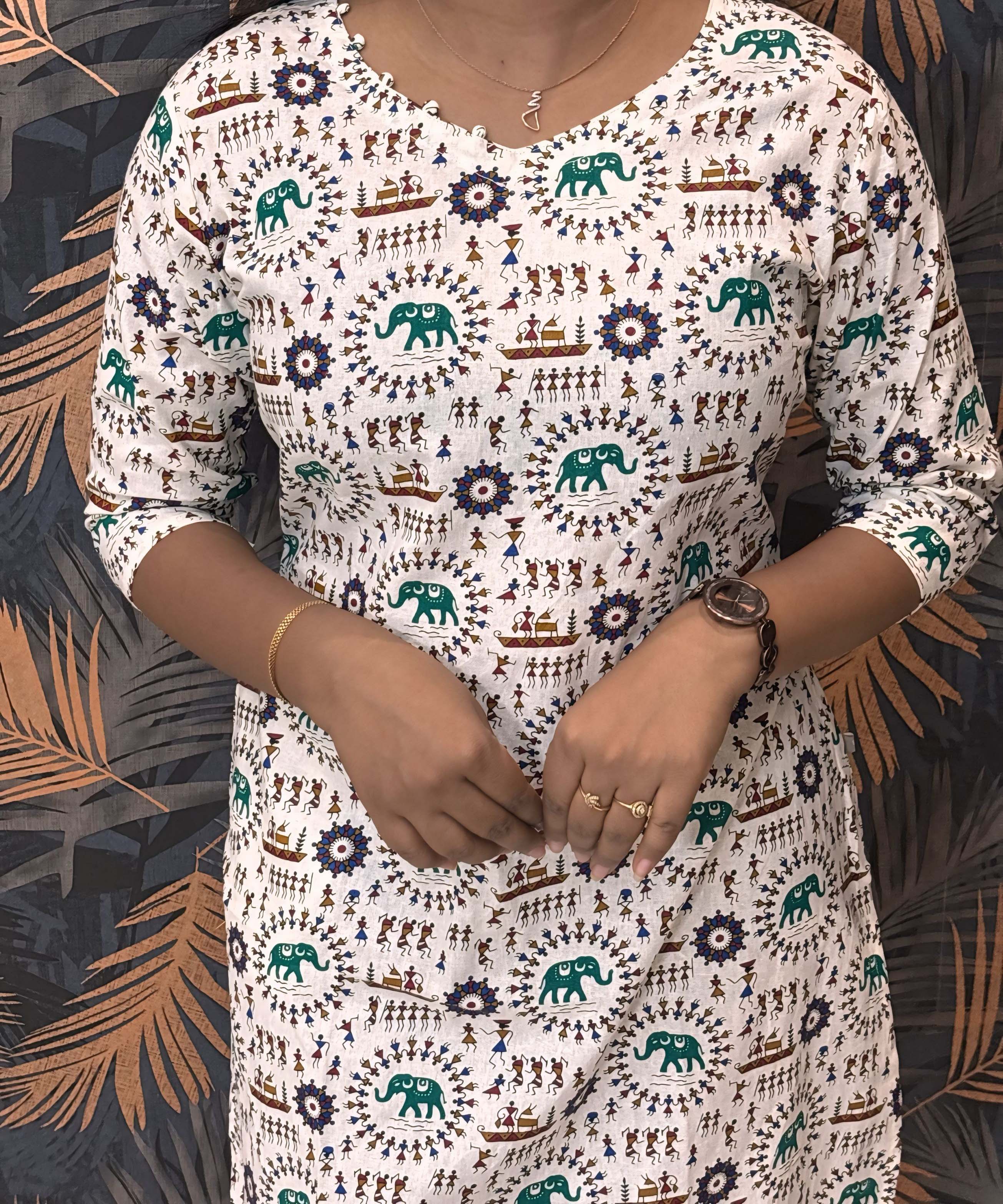 Warli Printed Green Color Elephant Design Flex Cotton Kurti with Pocket / LSS191