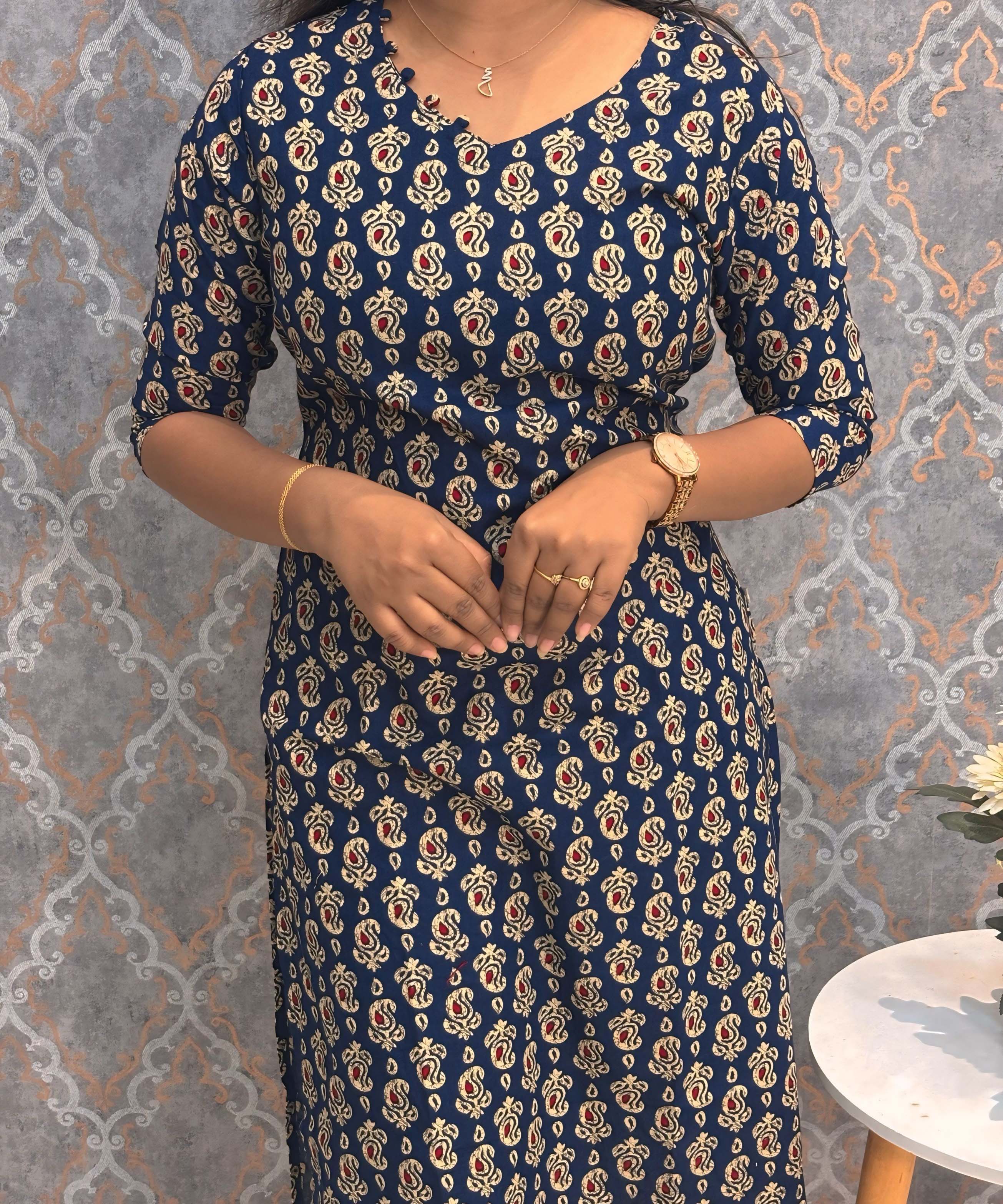 Navy Blue and Beige Color Floral Flex Cotton Kurti with Pocket / LSS180