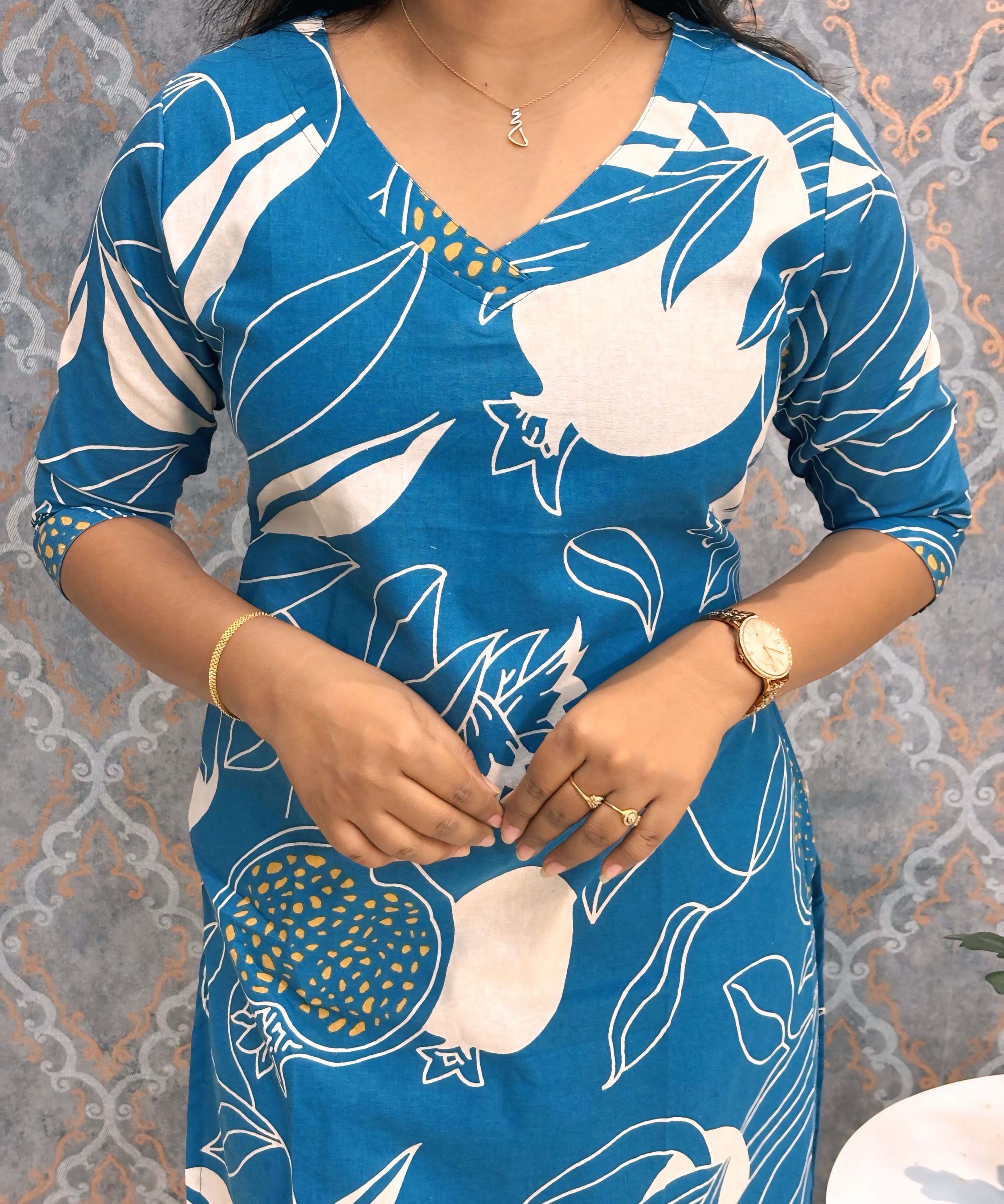 Blue and Half White Color Floral Flex Cotton Kurti with Pocket / LSS179