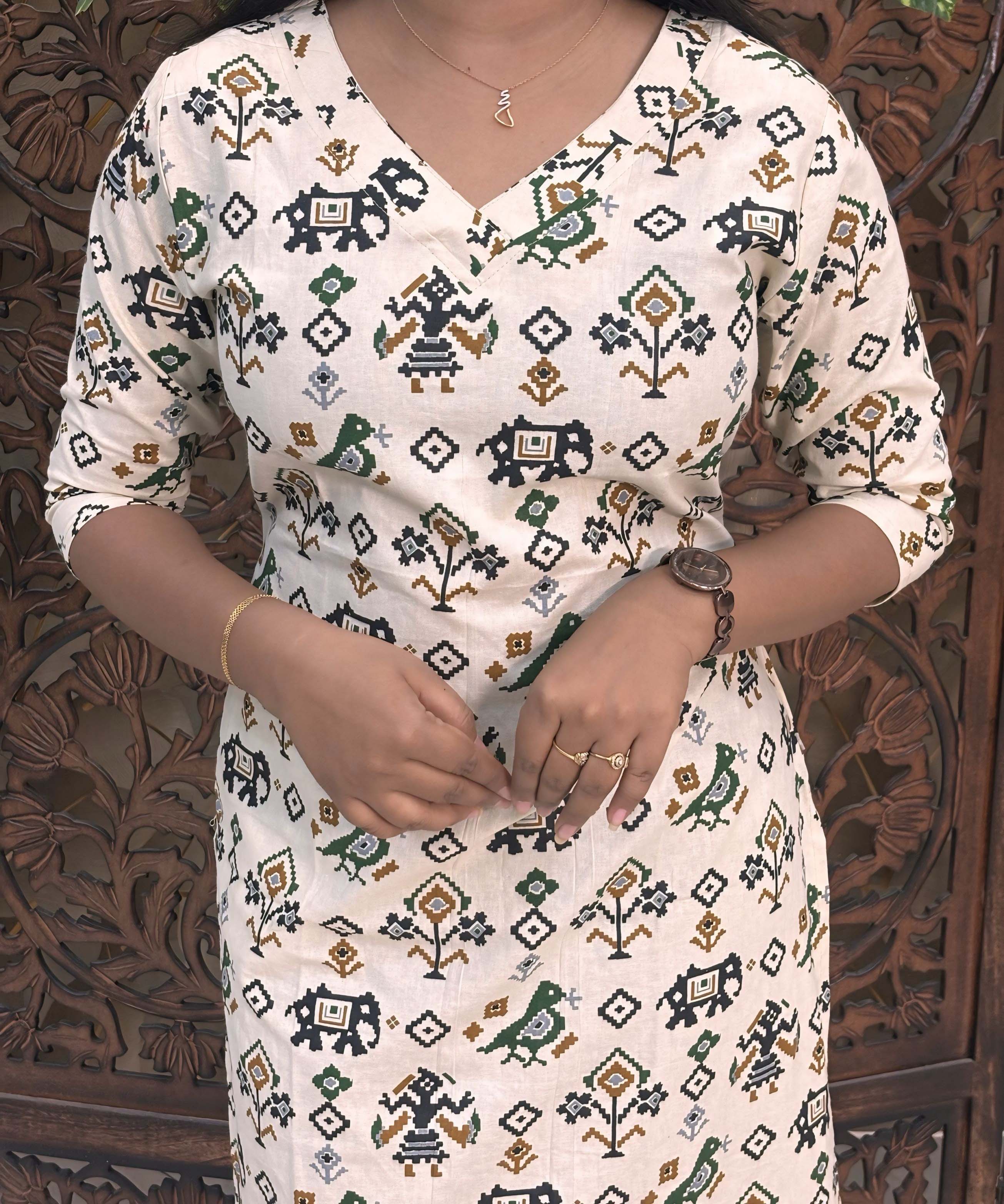 V Neck Design Tribal Ikat Printed Flex Cotton Kurti with Pocket / LSS193