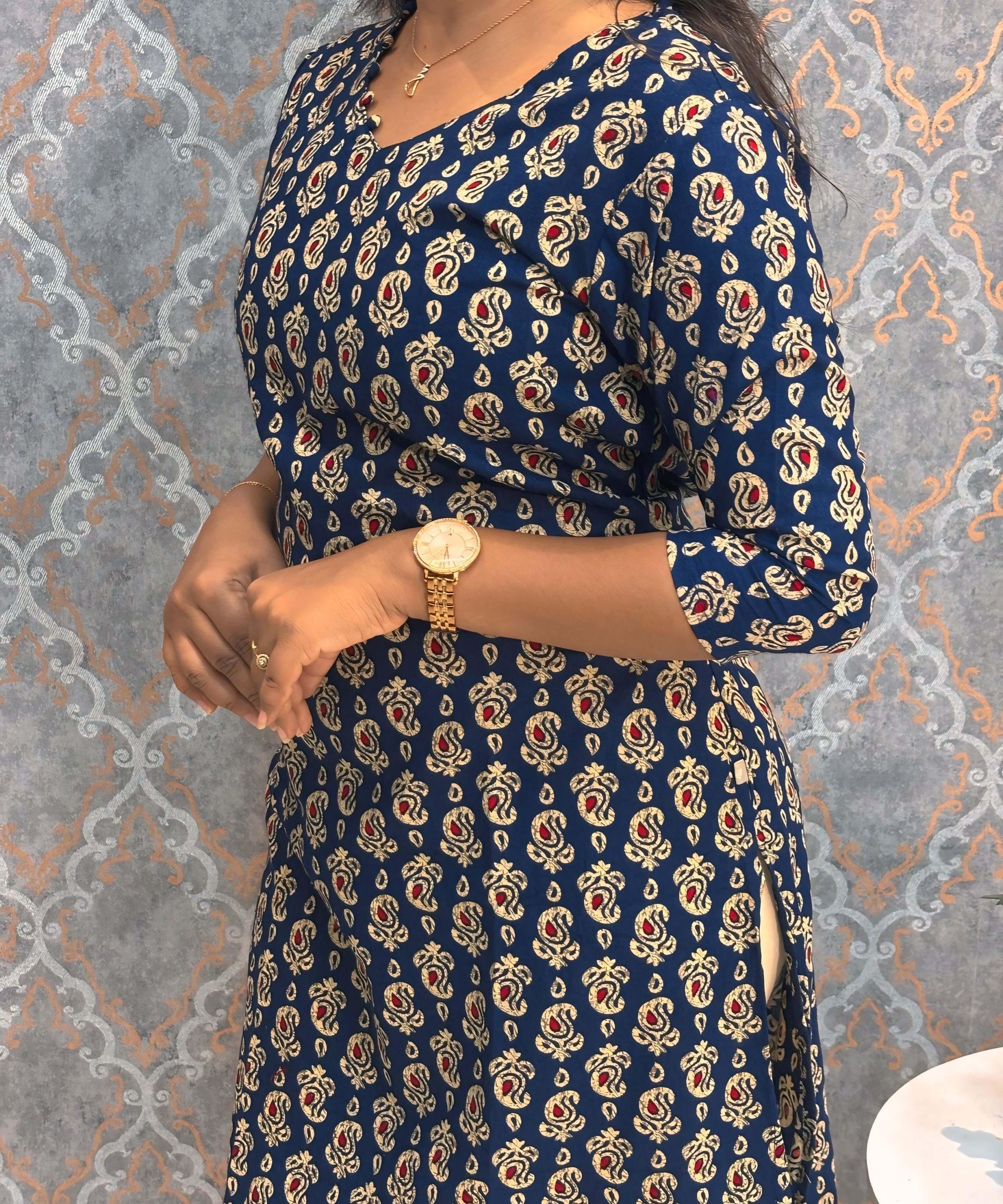Navy Blue and Beige Color Floral Flex Cotton Kurti with Pocket / LSS180
