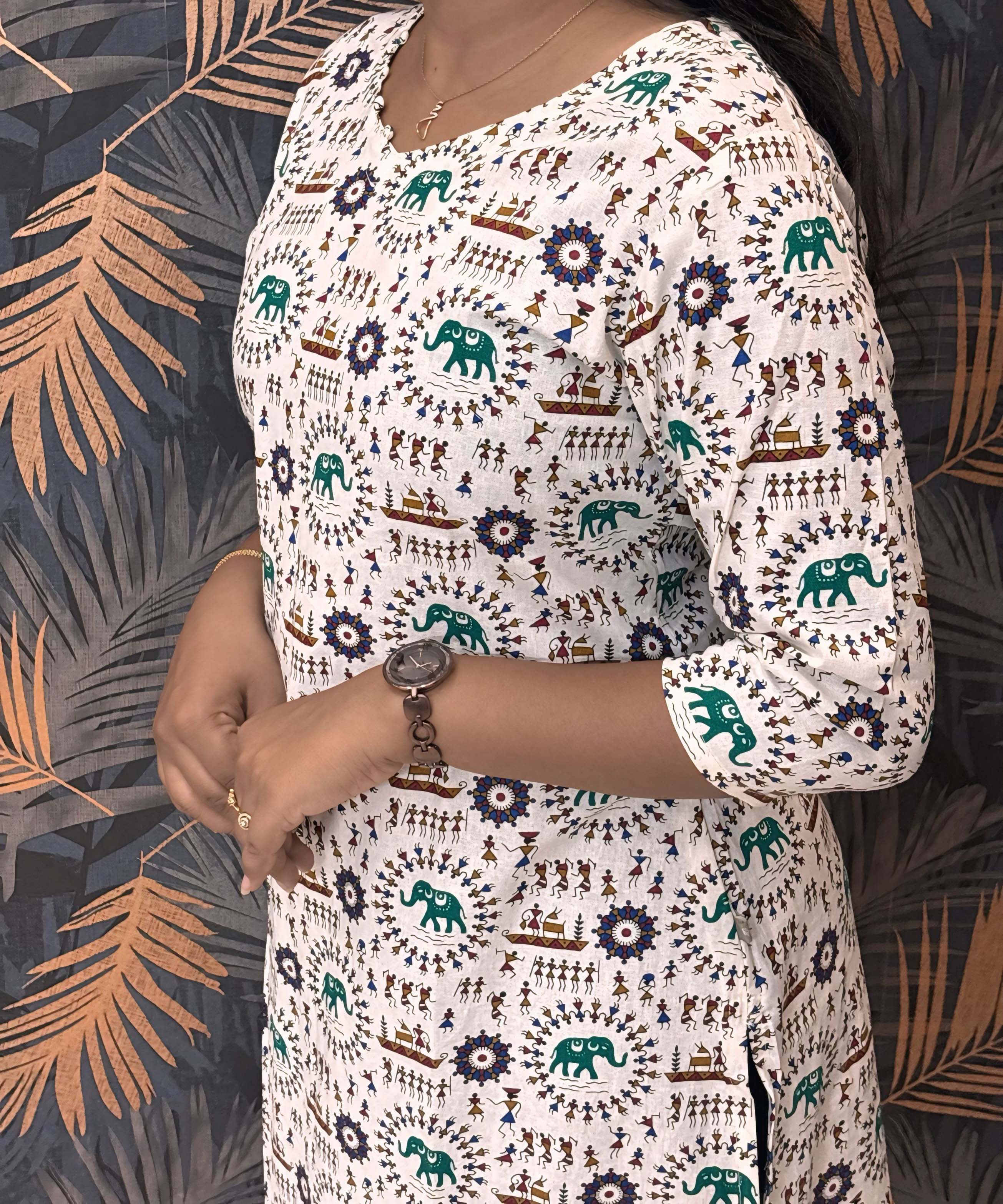Warli Printed Green Color Elephant Design Flex Cotton Kurti with Pocket / LSS191