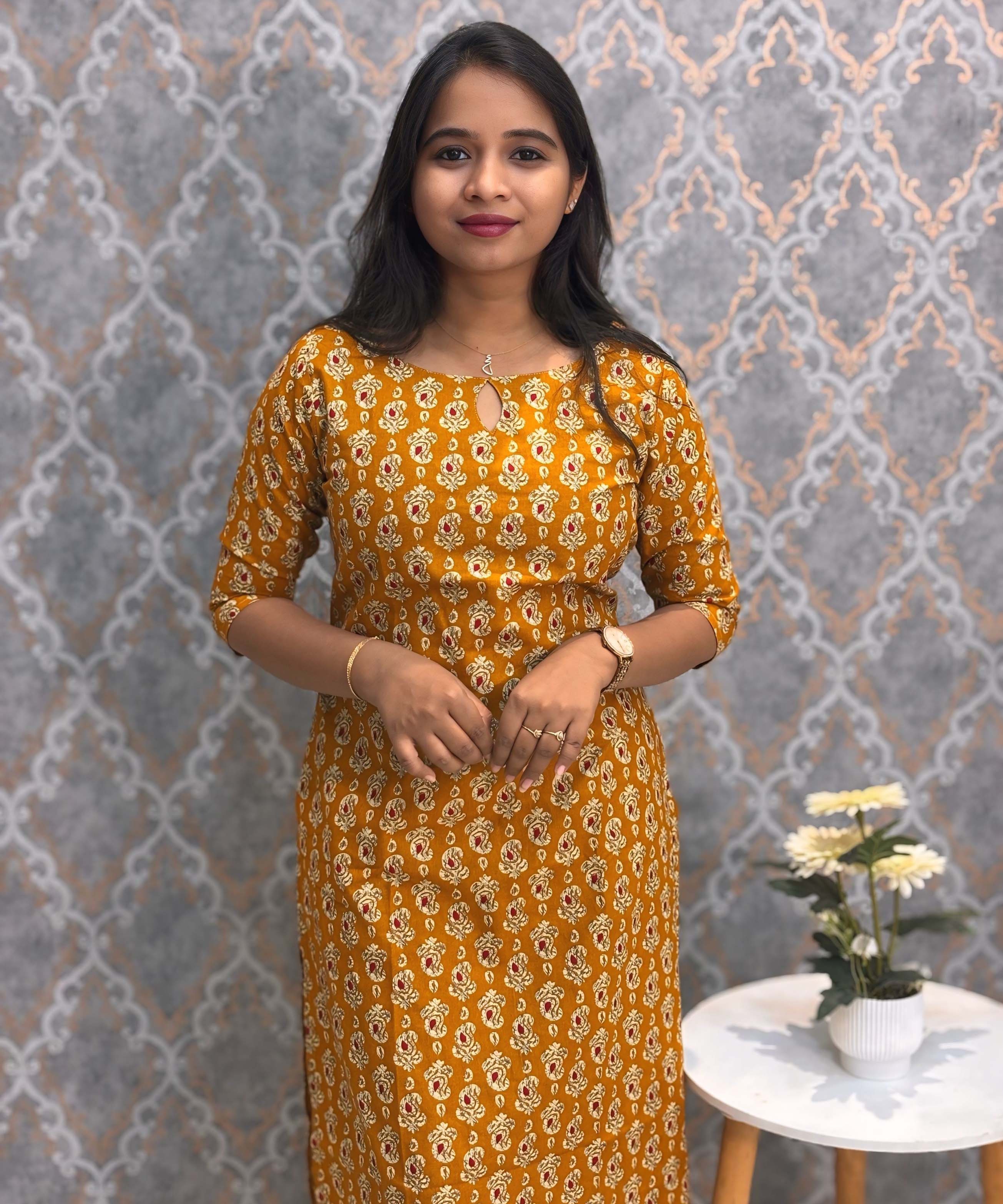 Mustard Yellow and Beige Color Floral Flex Cotton Kurti with Pocket / LSS180