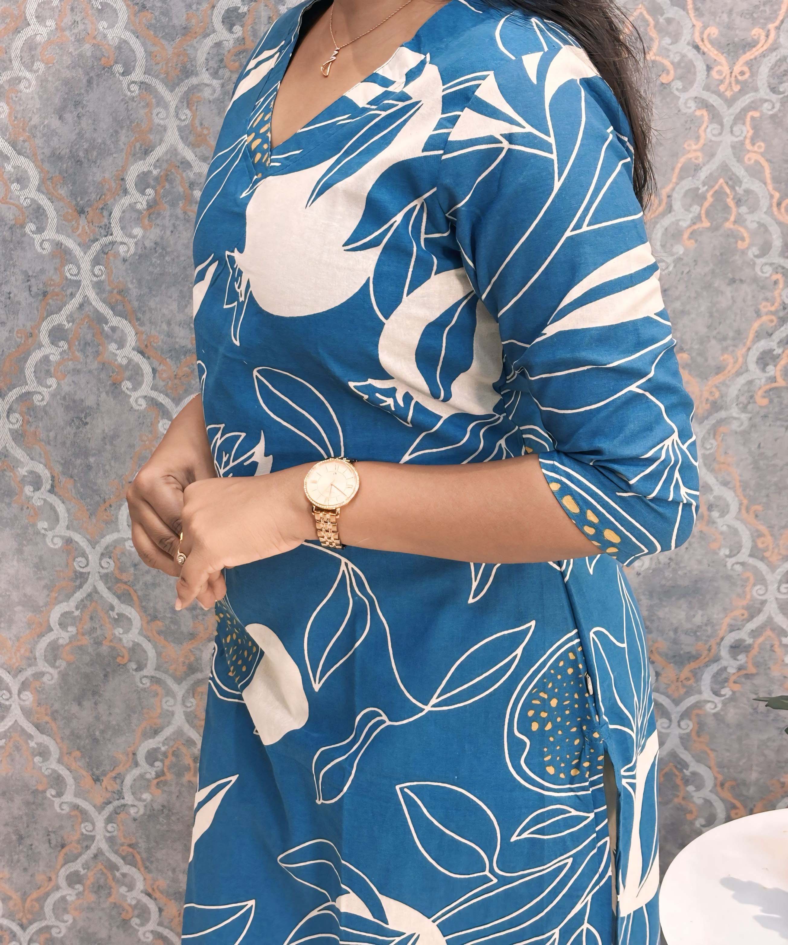 Blue and Half White Color Floral Flex Cotton Kurti with Pocket / LSS179