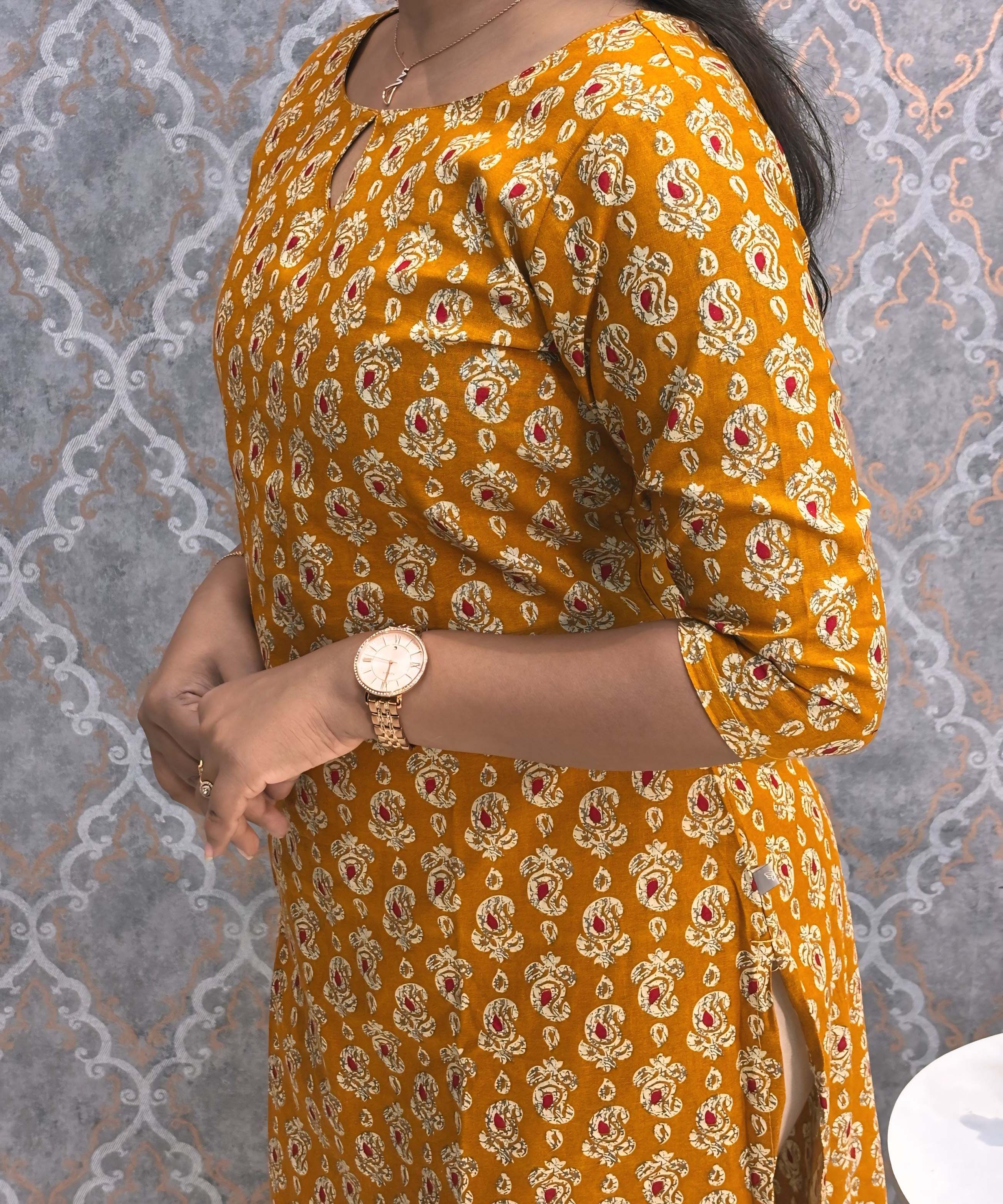 Mustard Yellow and Beige Color Floral Flex Cotton Kurti with Pocket / LSS180