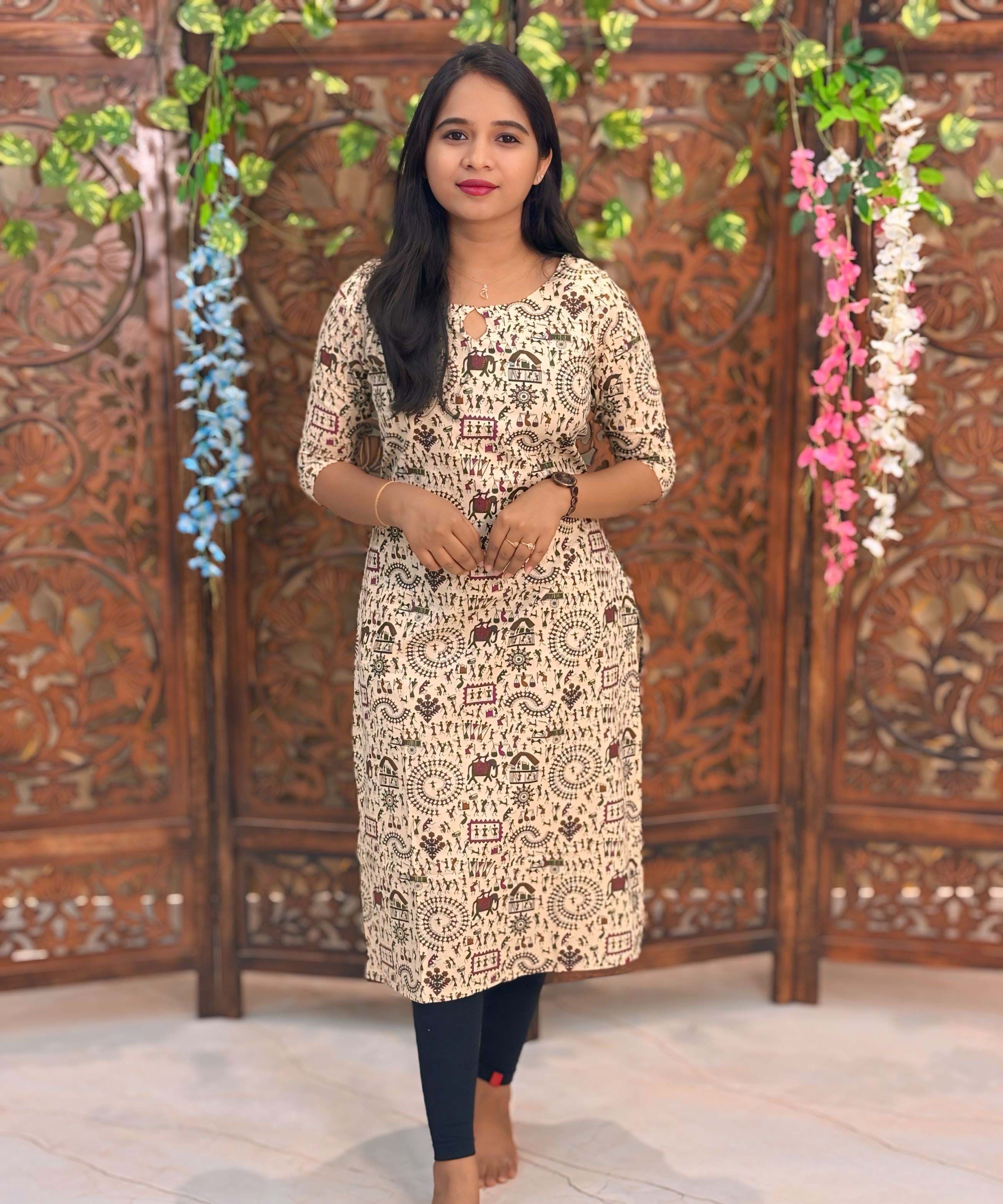 Boat Neck Design Warli Printed Flex Cotton Kurti with Pocket / LSS192