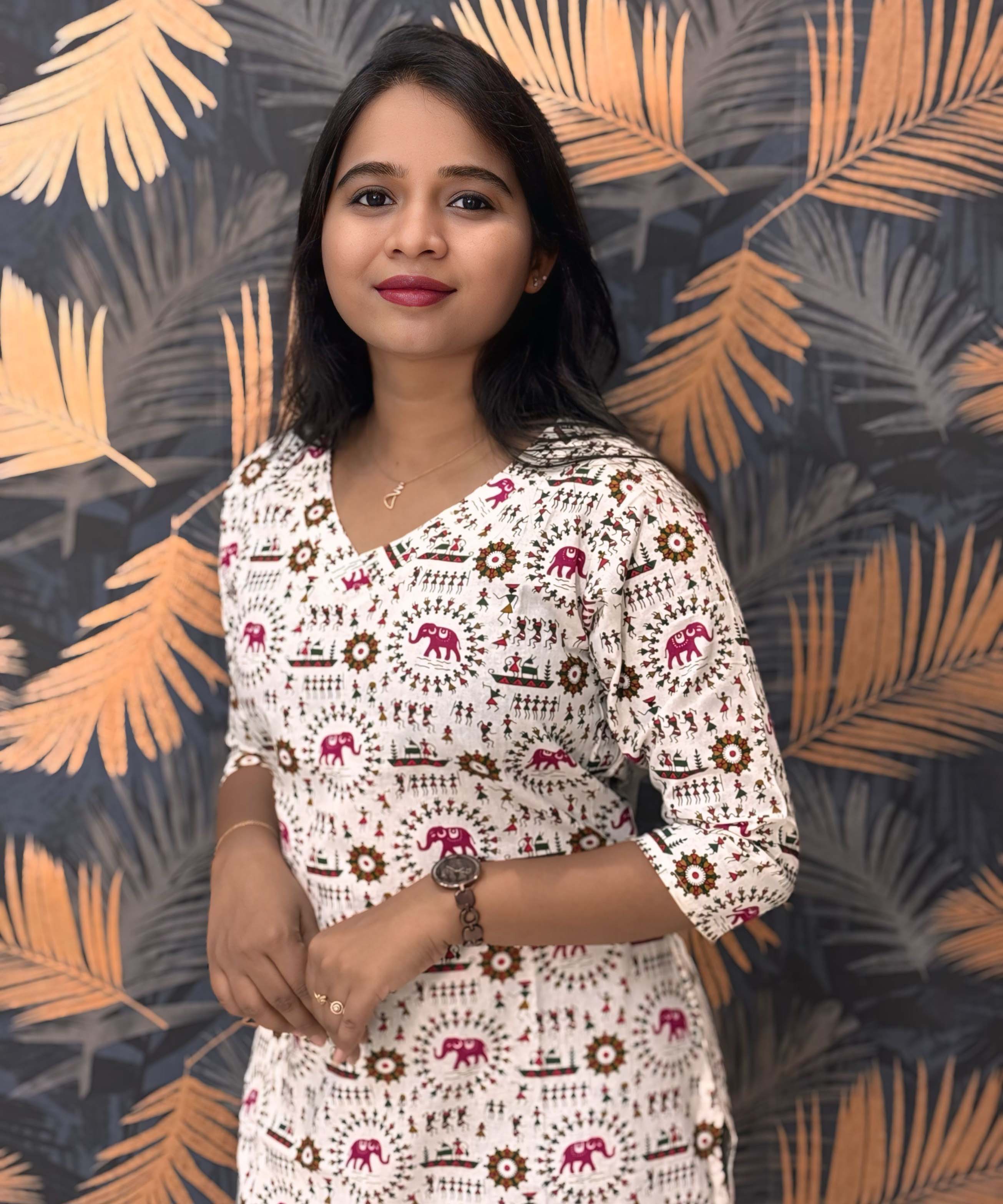 Warli Printed Pink Color Elephant Design Flex Cotton Kurti with Pocket / LSS191
