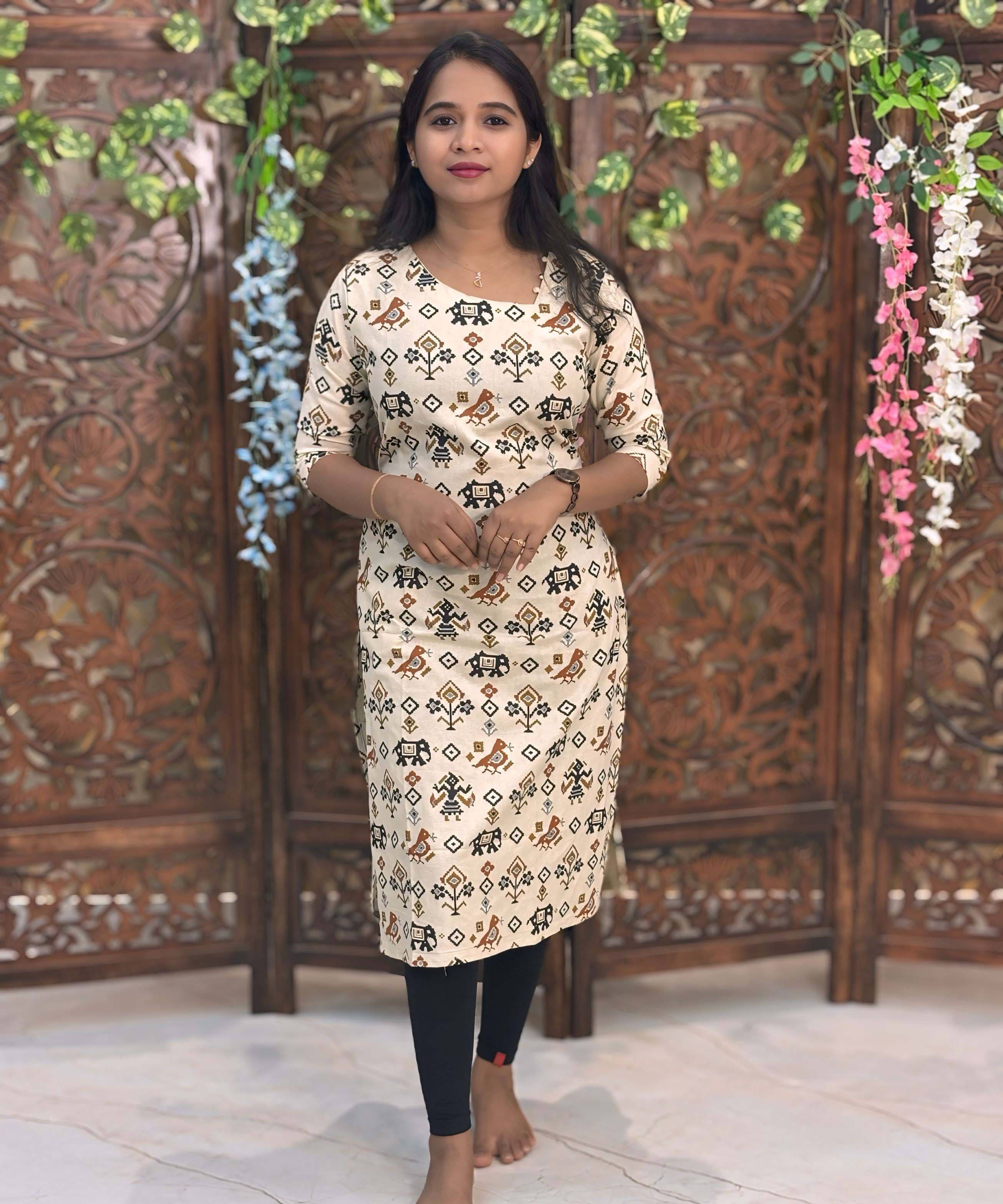 Side Cut with Potli Neck Design Tribal Ikat Printed Flex Cotton Kurti with Pocket / LSS193