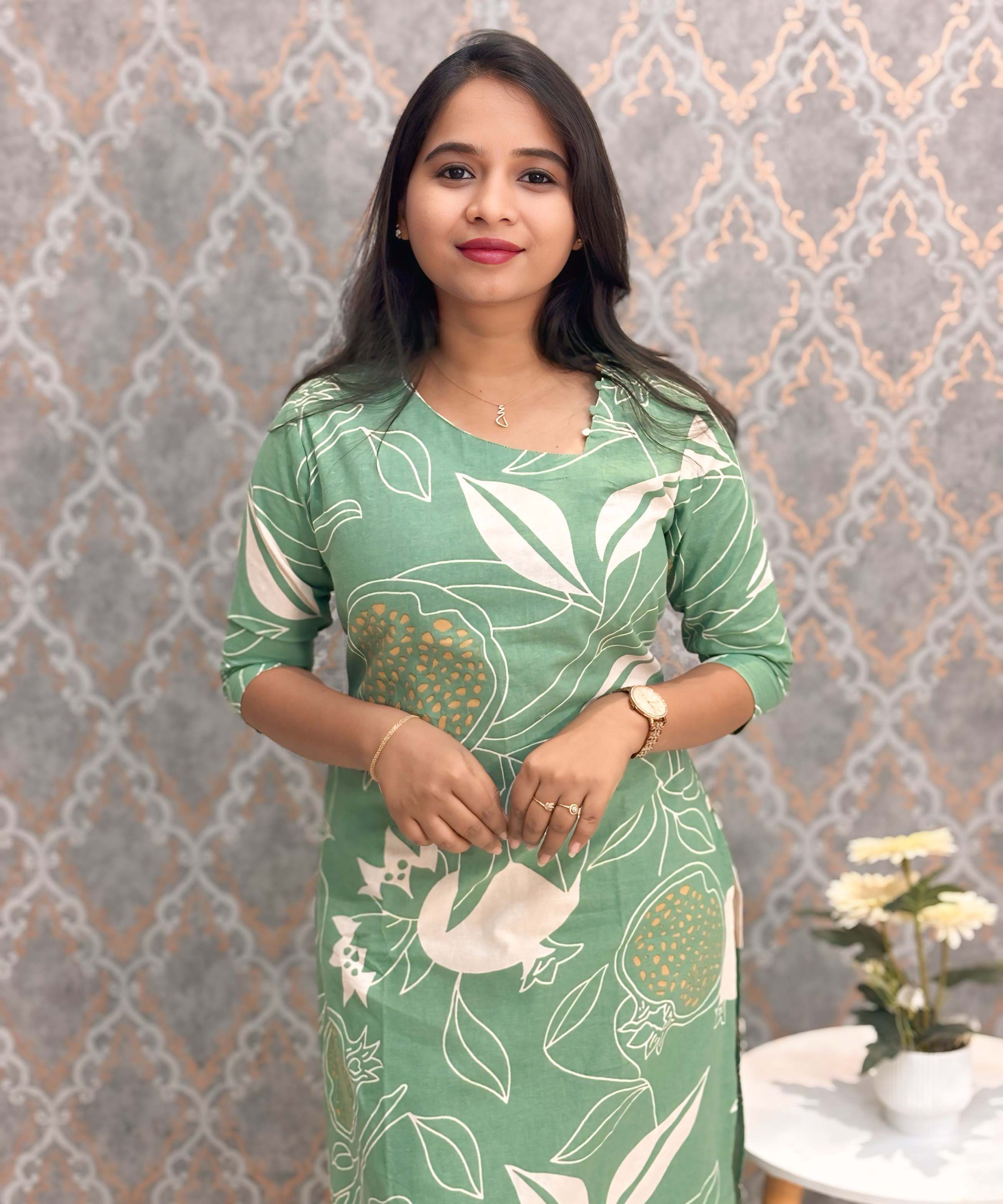 Green and Half White Color Floral Flex Cotton Kurti with Pocket / LSS179