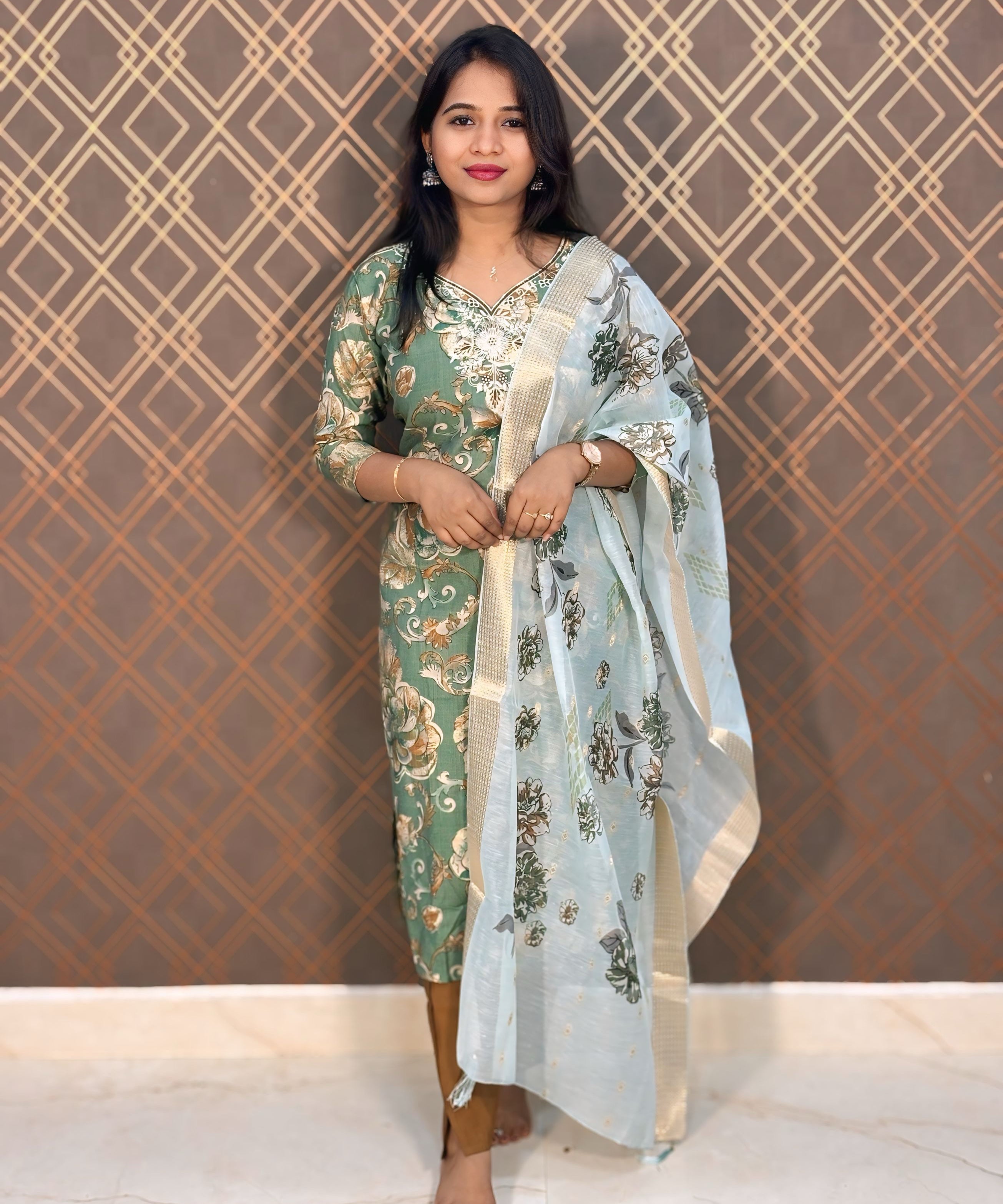 Green and Brown Color Floral Design Premium Salwar Set with Pocket / ESS310