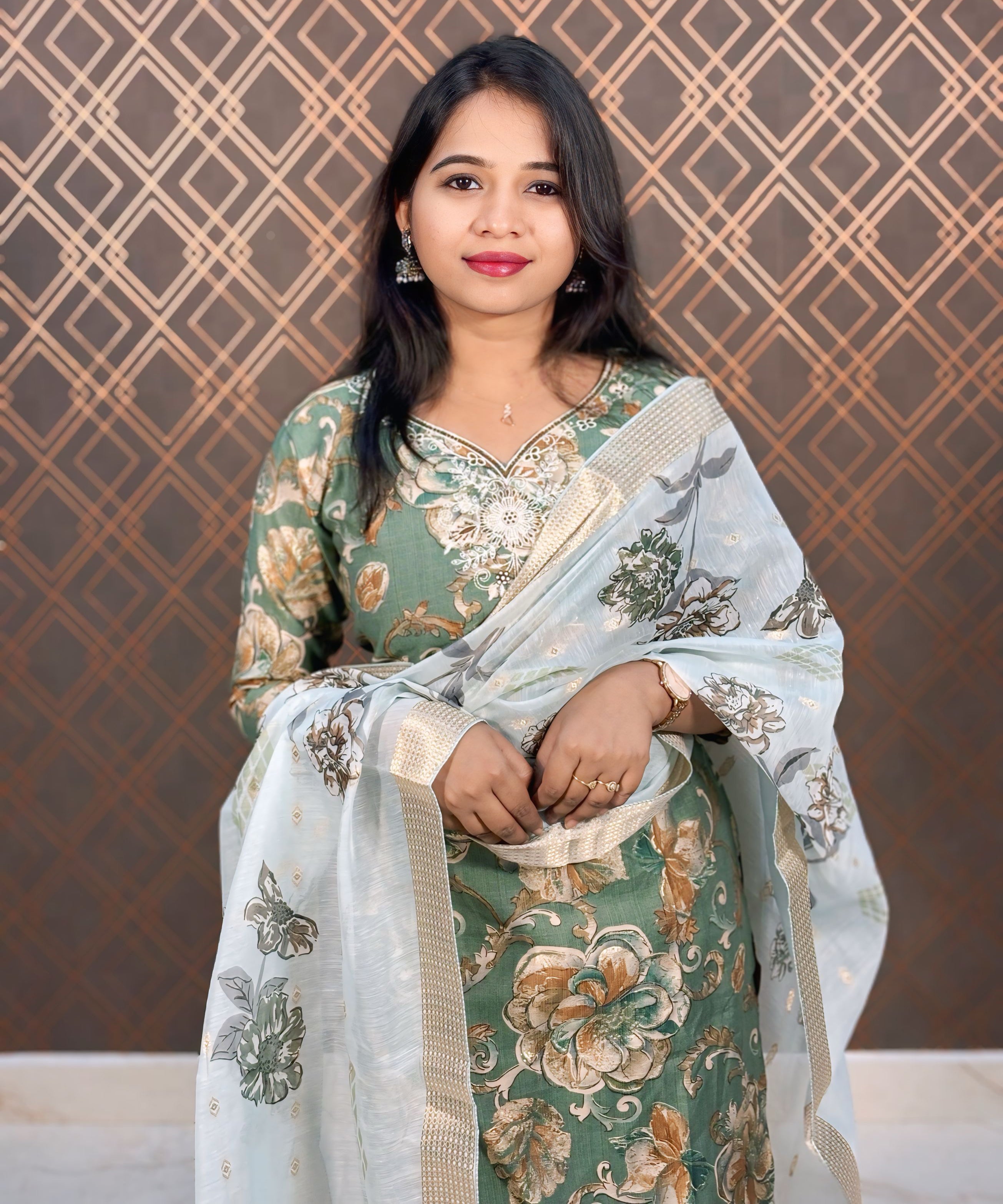 Green and Brown Color Floral Design Premium Salwar Set with Pocket / ESS310
