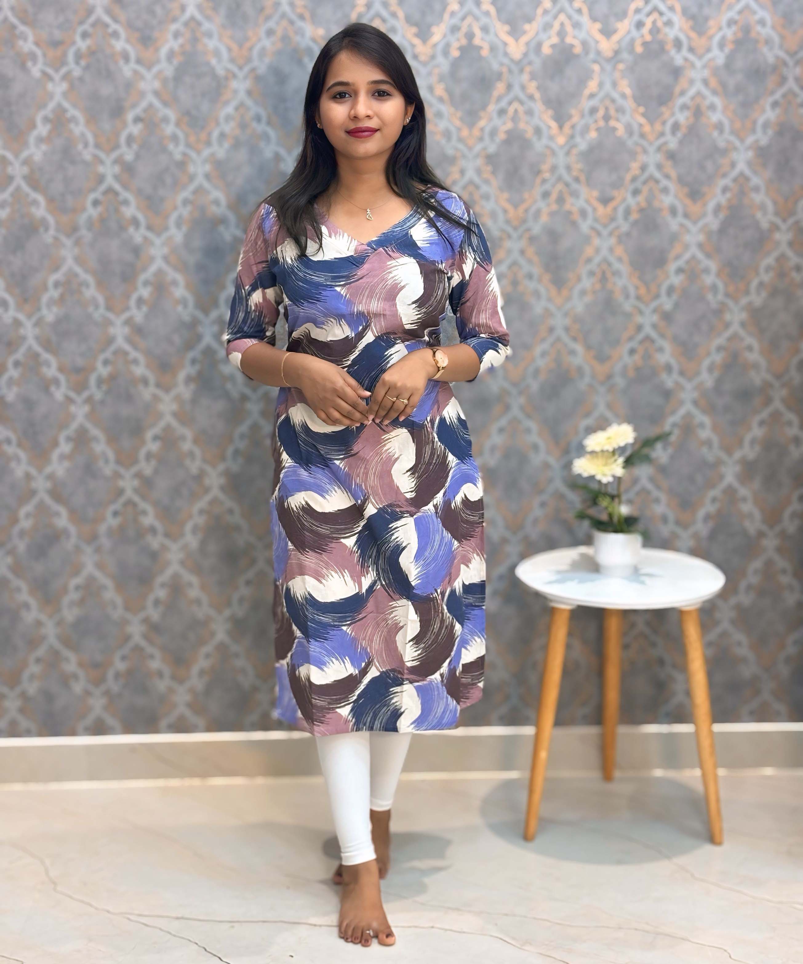 Blue and Brown with Half White V Neck Floral Flex Cotton Kurti with Pocket / LSS179