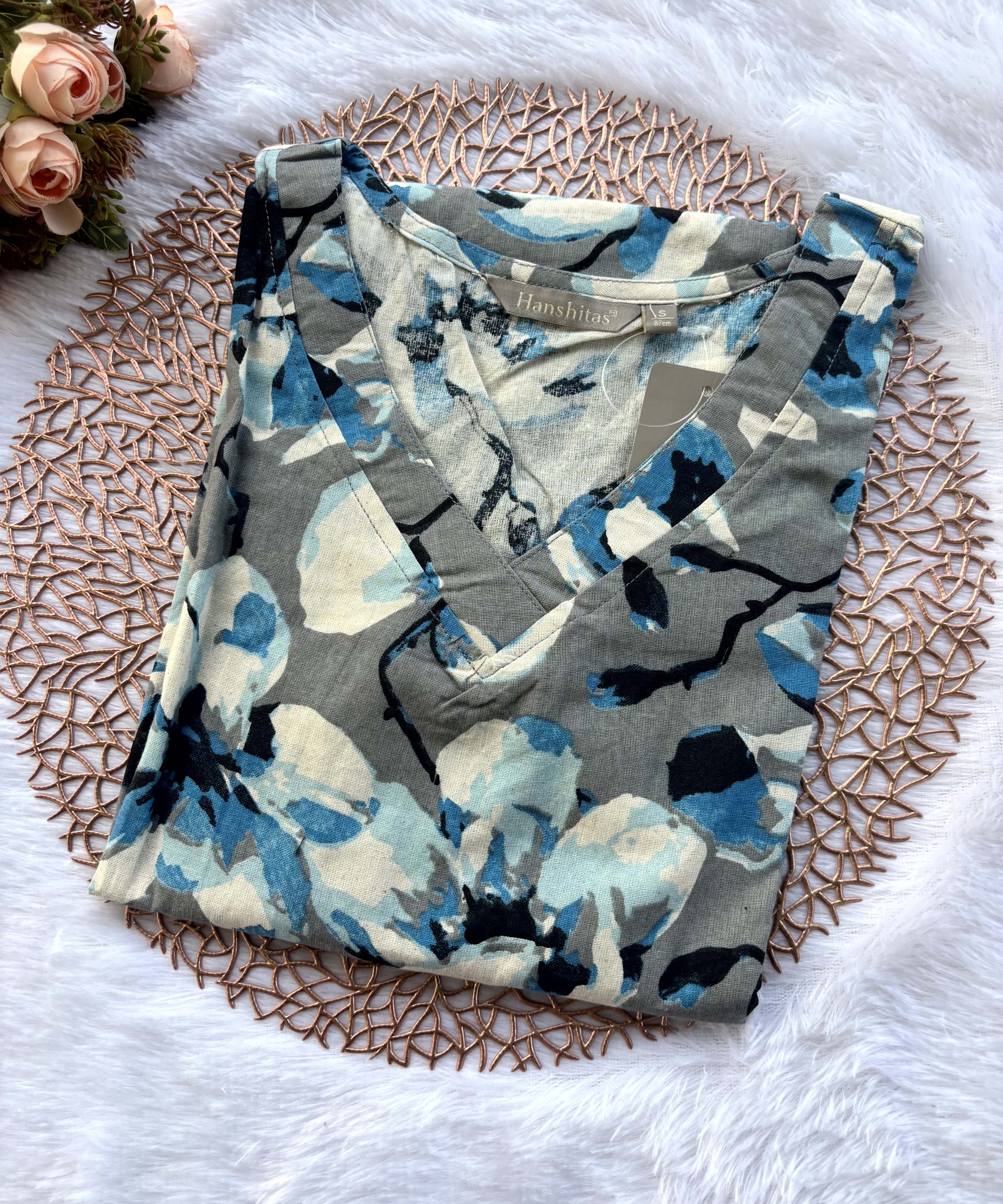 Gray and Blue with Half White V Neck Floral Flex Cotton Kurti with Pocket / LSS179