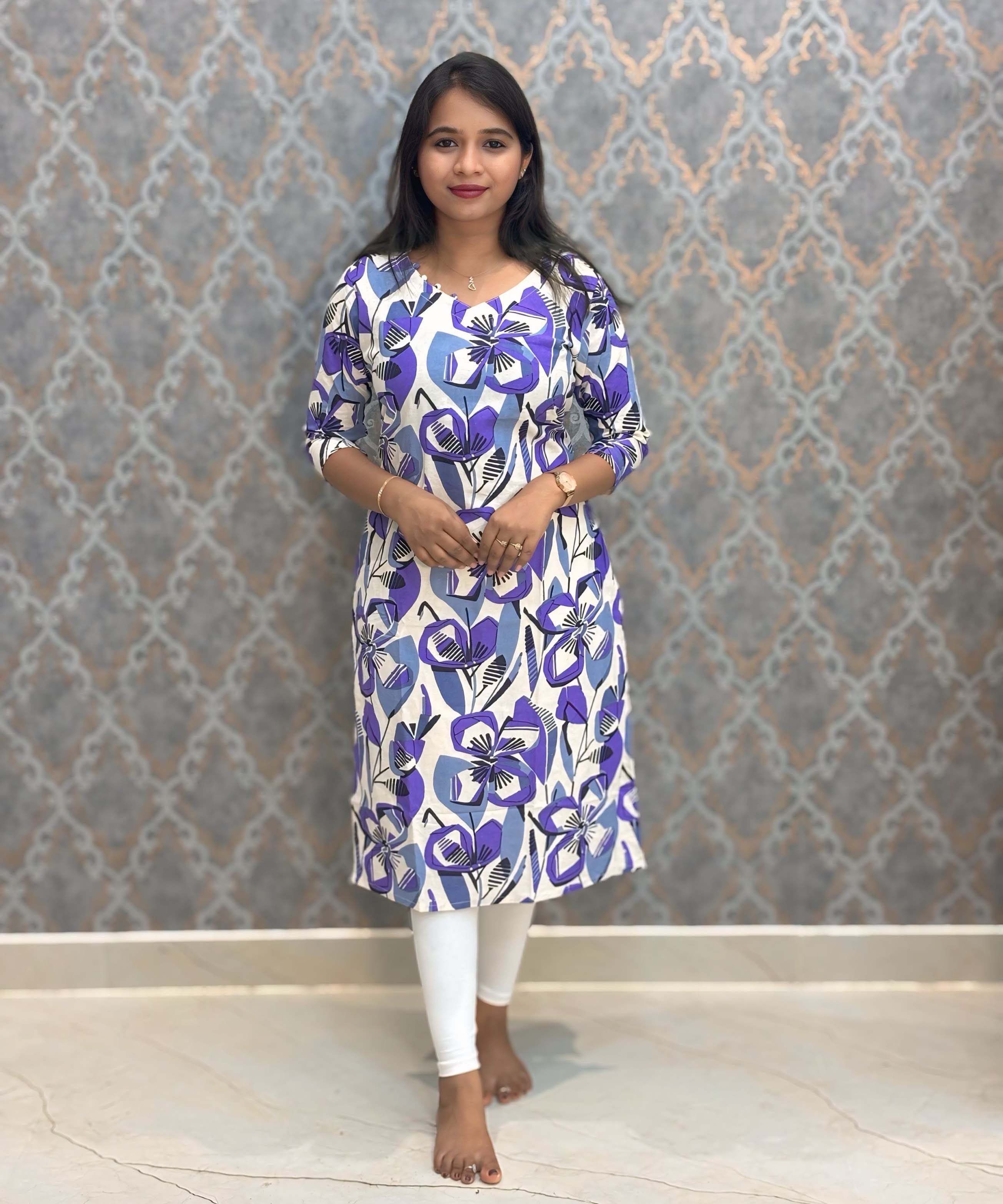 Purple and Gray with Half White Color V Neck Floral Flex Cotton Kurti with Pocket / LSS179