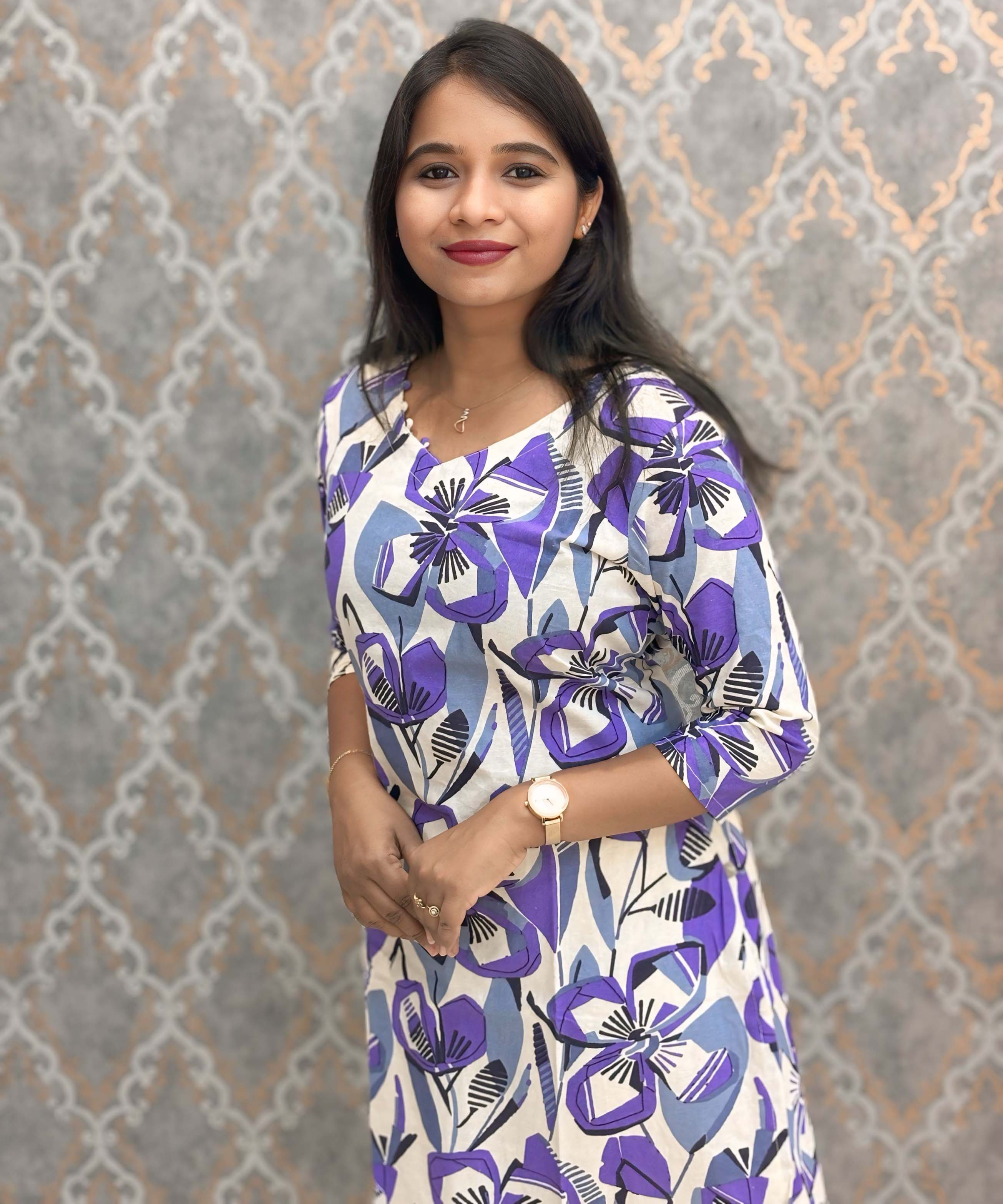 Purple and Gray with Half White Color V Neck Floral Flex Cotton Kurti with Pocket / LSS179