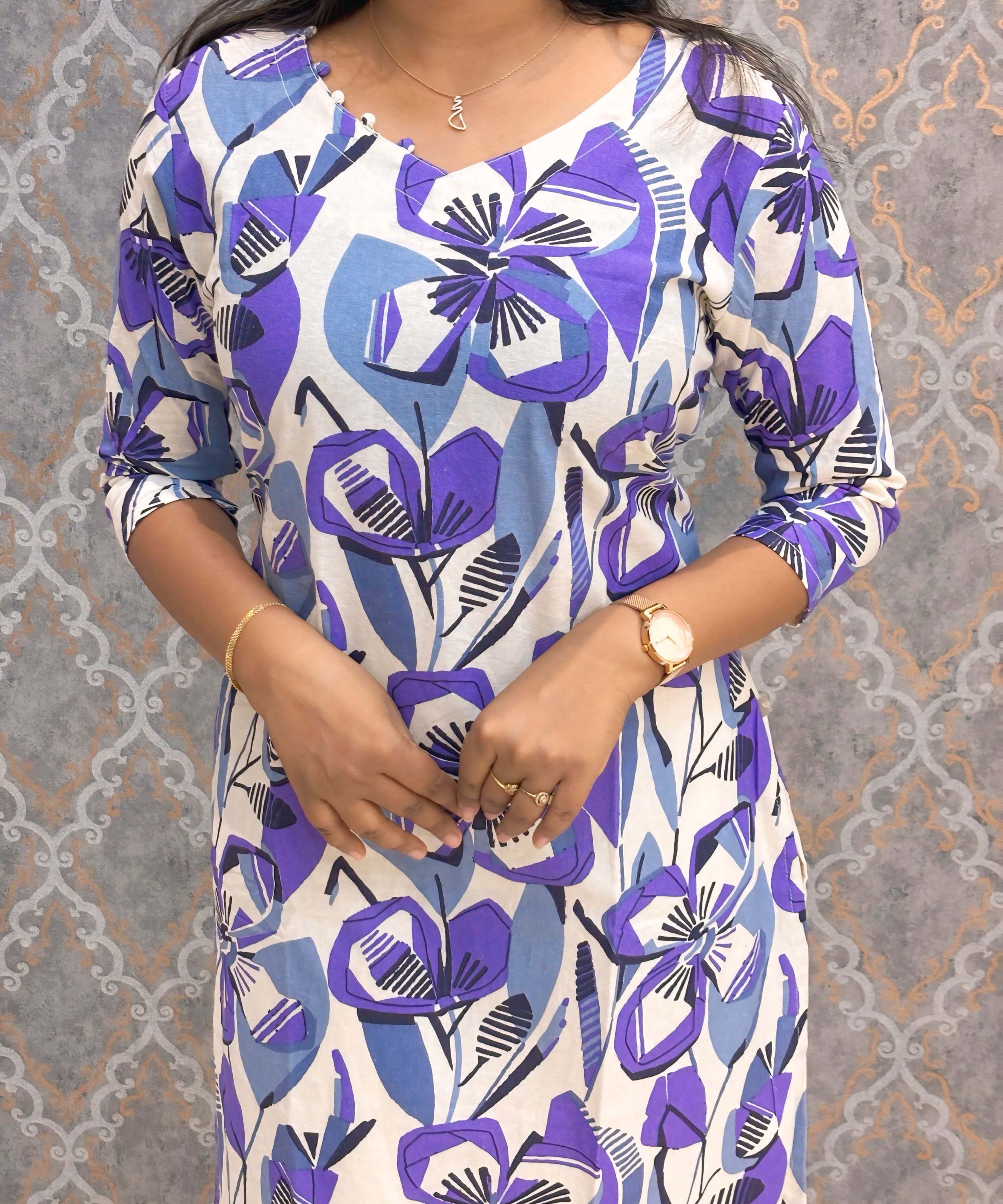 Purple and Gray with Half White Color V Neck Floral Flex Cotton Kurti with Pocket / LSS179