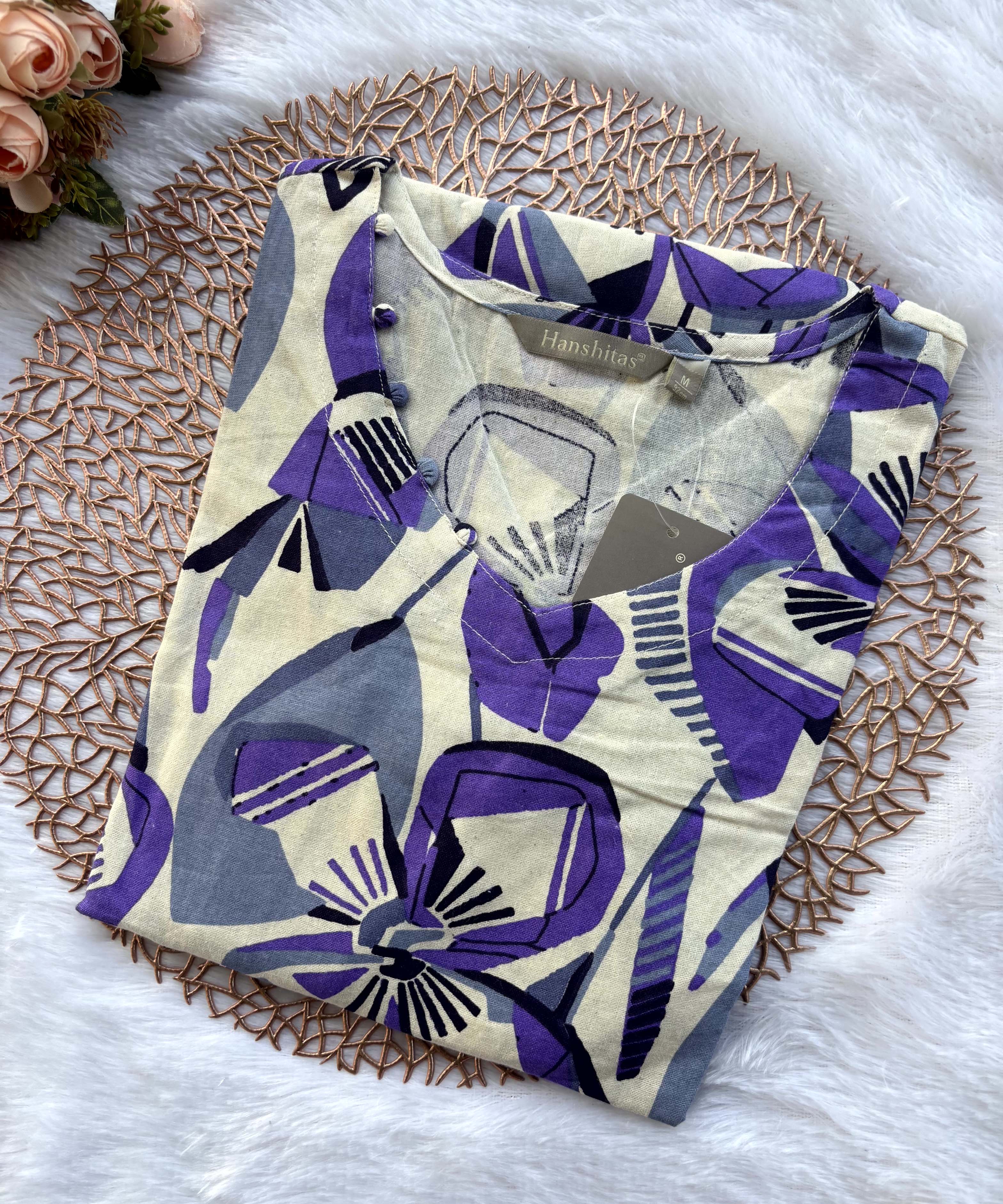 Purple and Gray with Half White Color V Neck Floral Flex Cotton Kurti with Pocket / LSS179