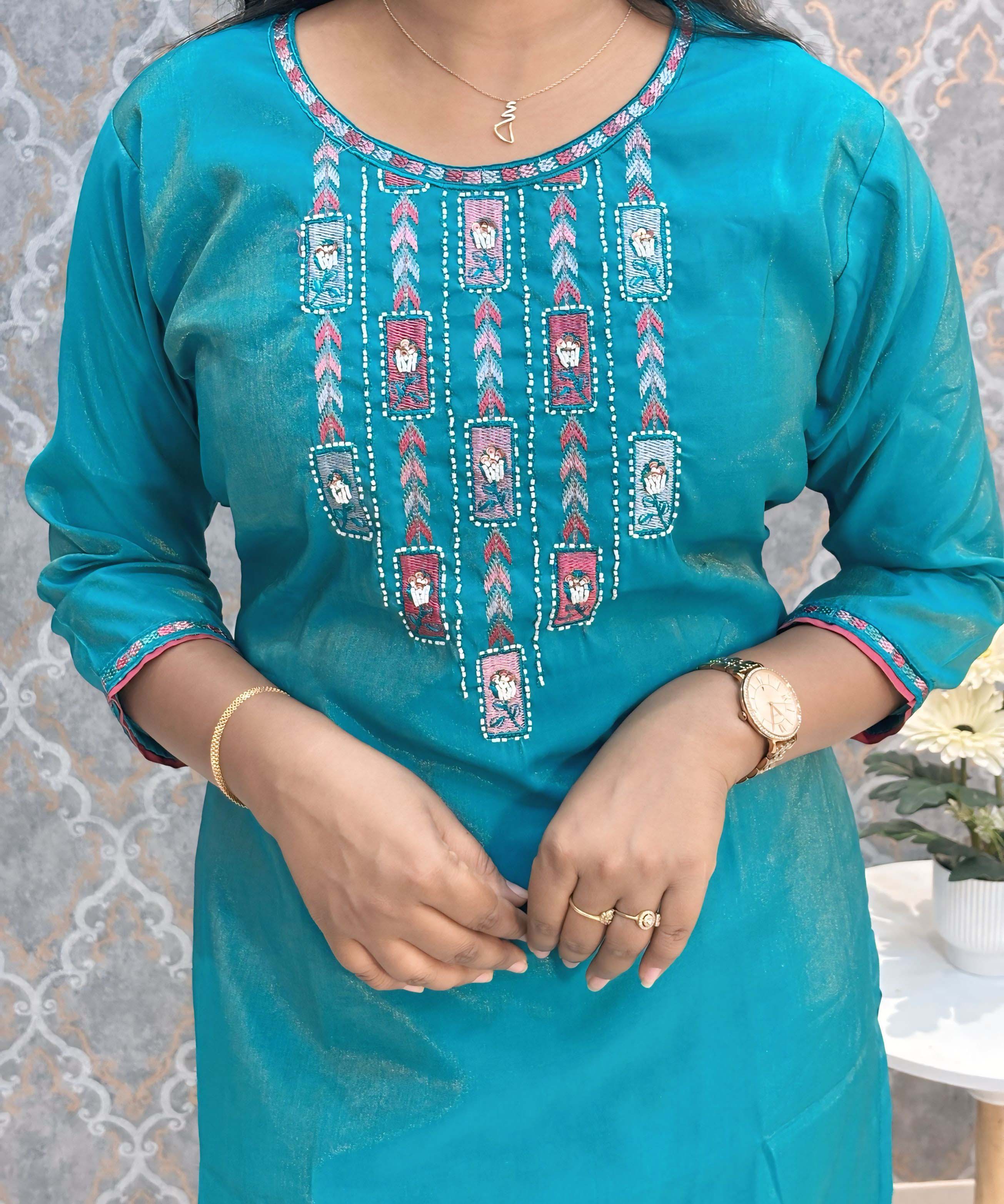 Green with Blue and Pink Color Premium Tissue Shimmer 3 Piece Salwar Set / ESS337
