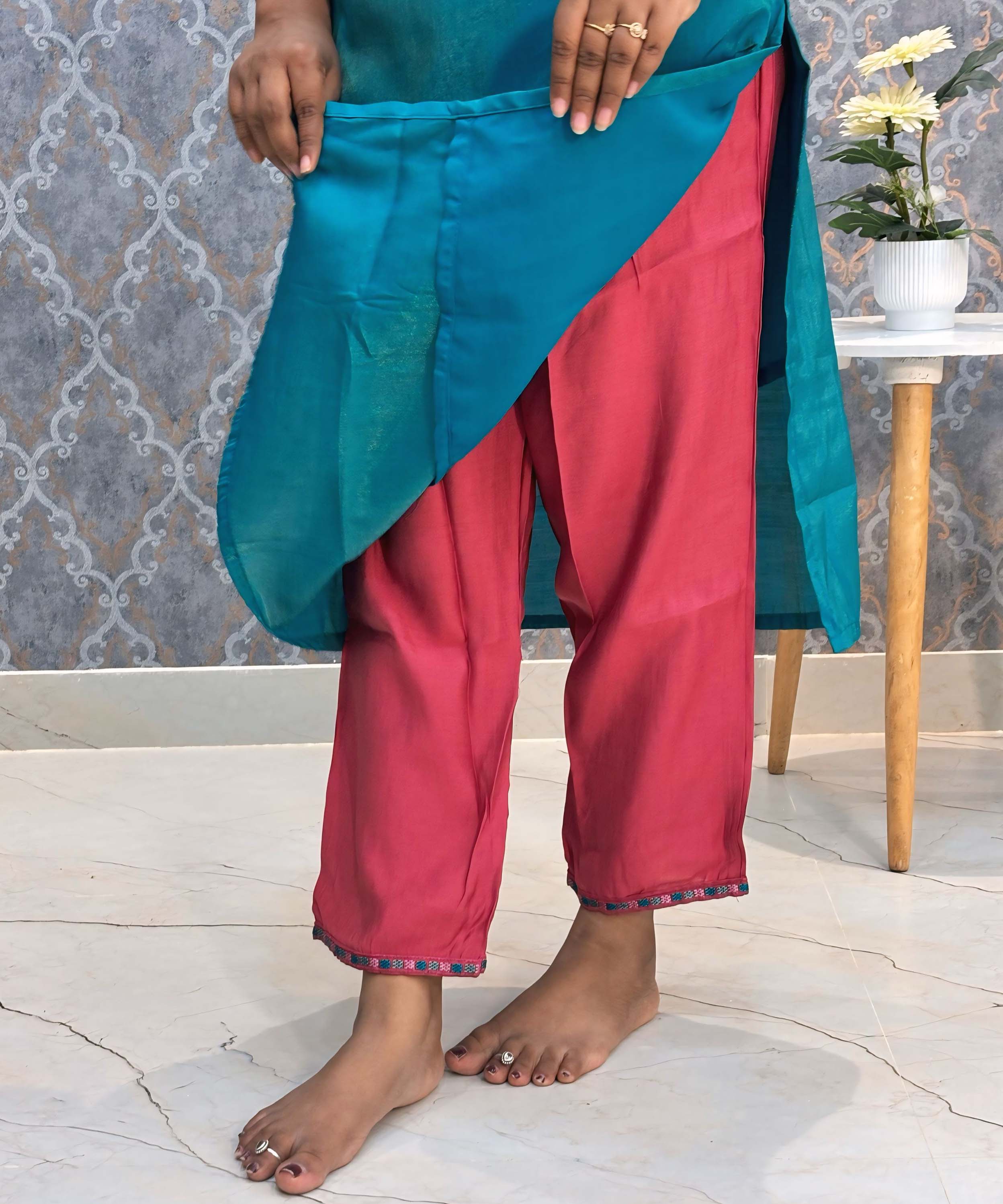Green with Blue and Pink Color Premium Tissue Shimmer 3 Piece Salwar Set / ESS337