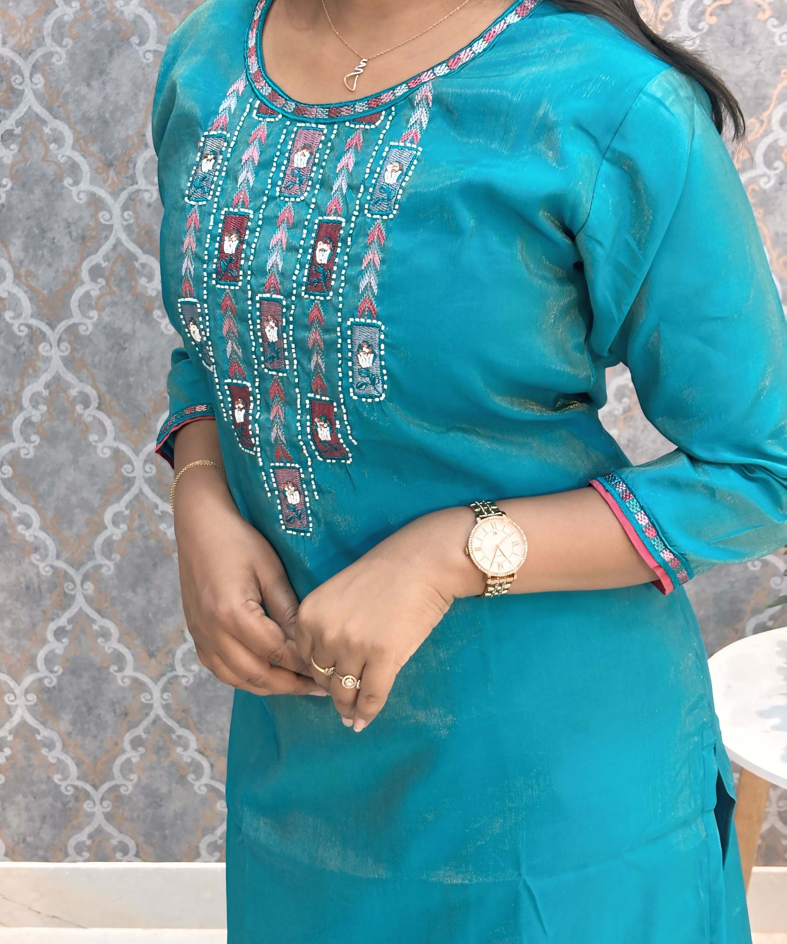Green with Blue and Pink Color Premium Tissue Shimmer 3 Piece Salwar Set / ESS337