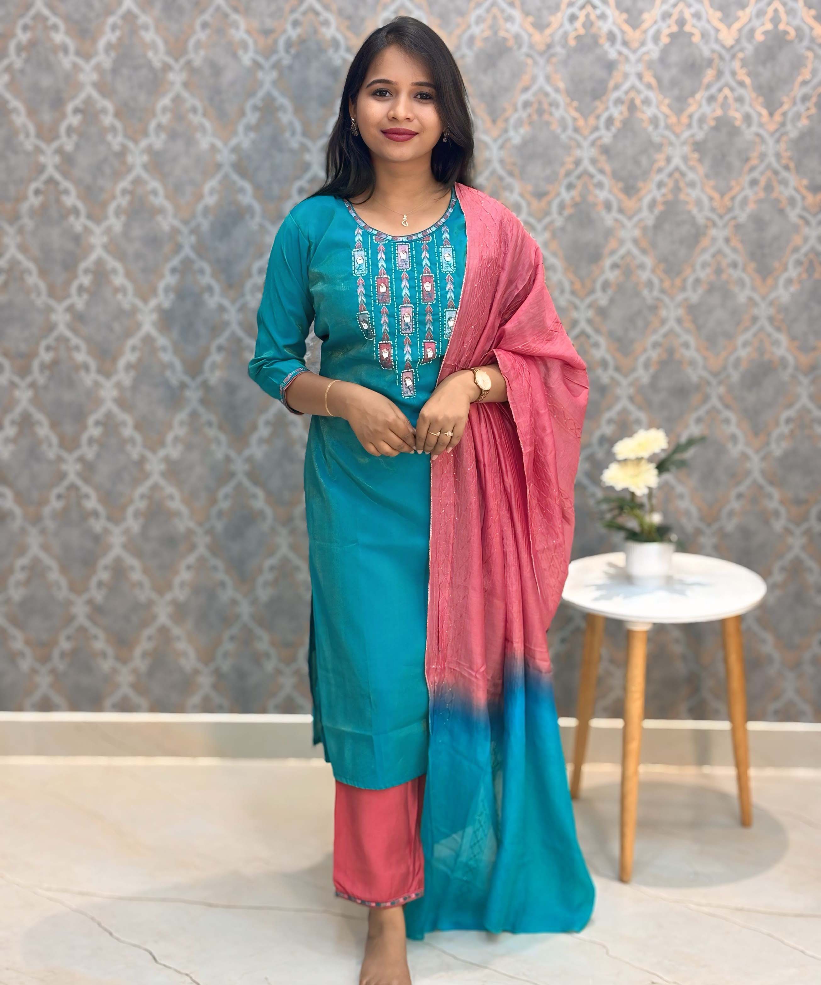 Green with Blue and Pink Color Premium Tissue Shimmer 3 Piece Salwar Set / ESS337